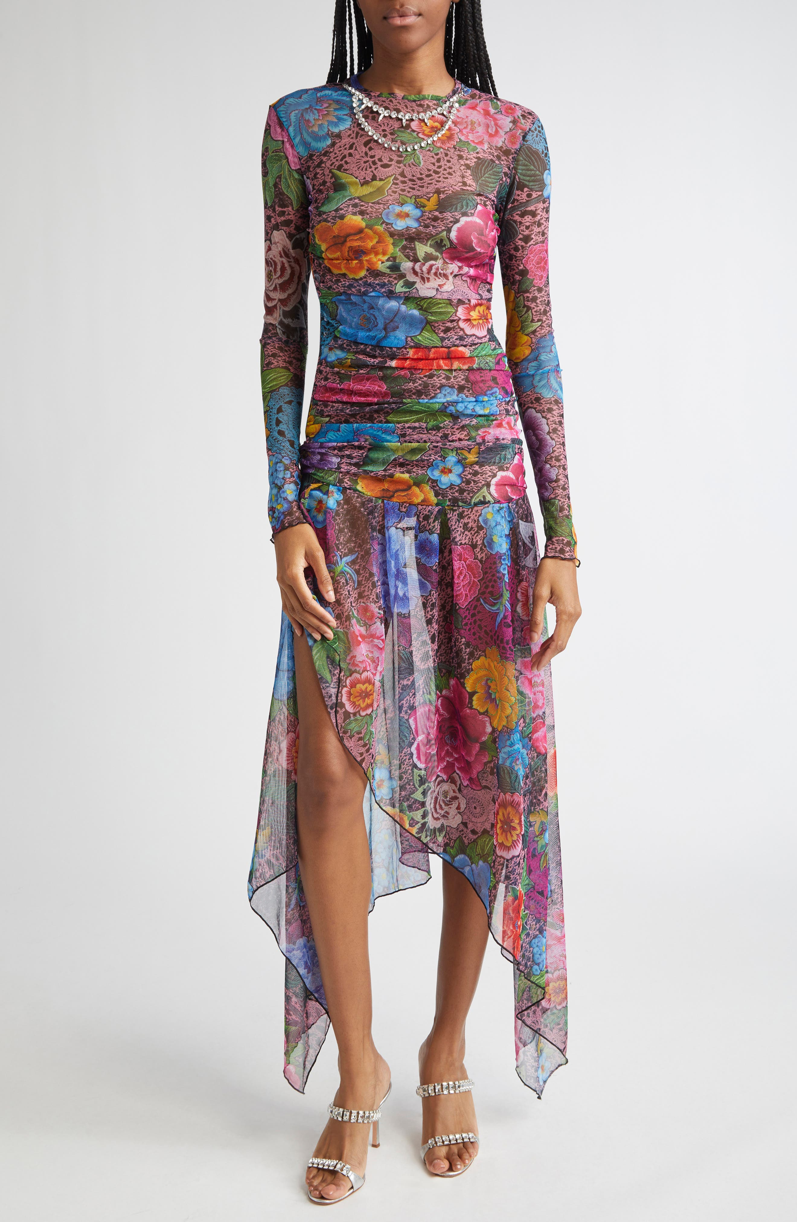 Area Crystal Embellished Floral Long Sleeve Tulle Midi Dress in Pink Multi at Nordstrom - 1