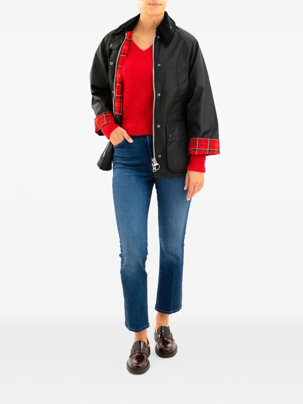 corduroy-collar tartan-cuff jacket - 2