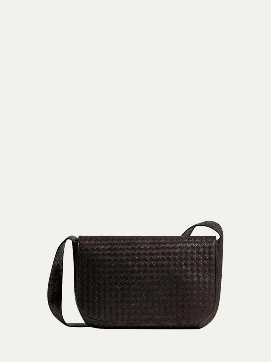 Men's Large Intrecciato Leather Flap Messenger Bag - 1