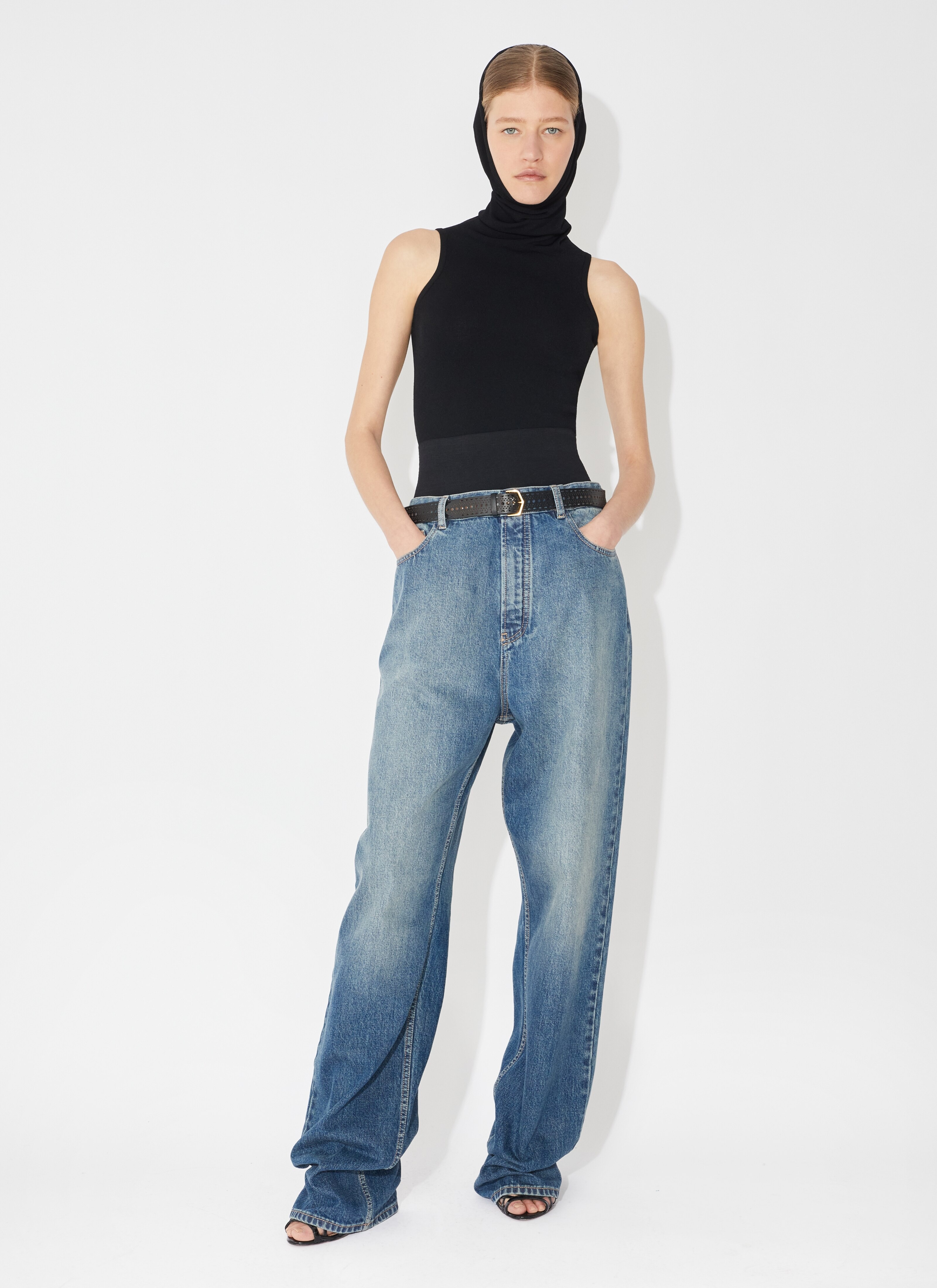 ALAIA LOW WAIST DENIM JEANS WITH KNIT BELT VINTAGE BLUE PARLOUR X – Parlour  X