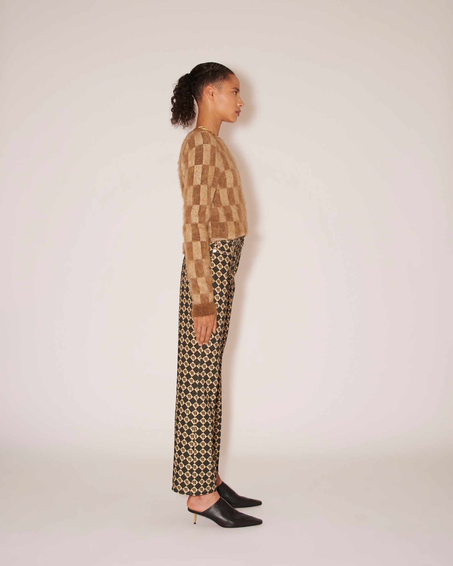 FELINE - Brushed alpaca checkered crew neck sweater - Creme&Brown - 4