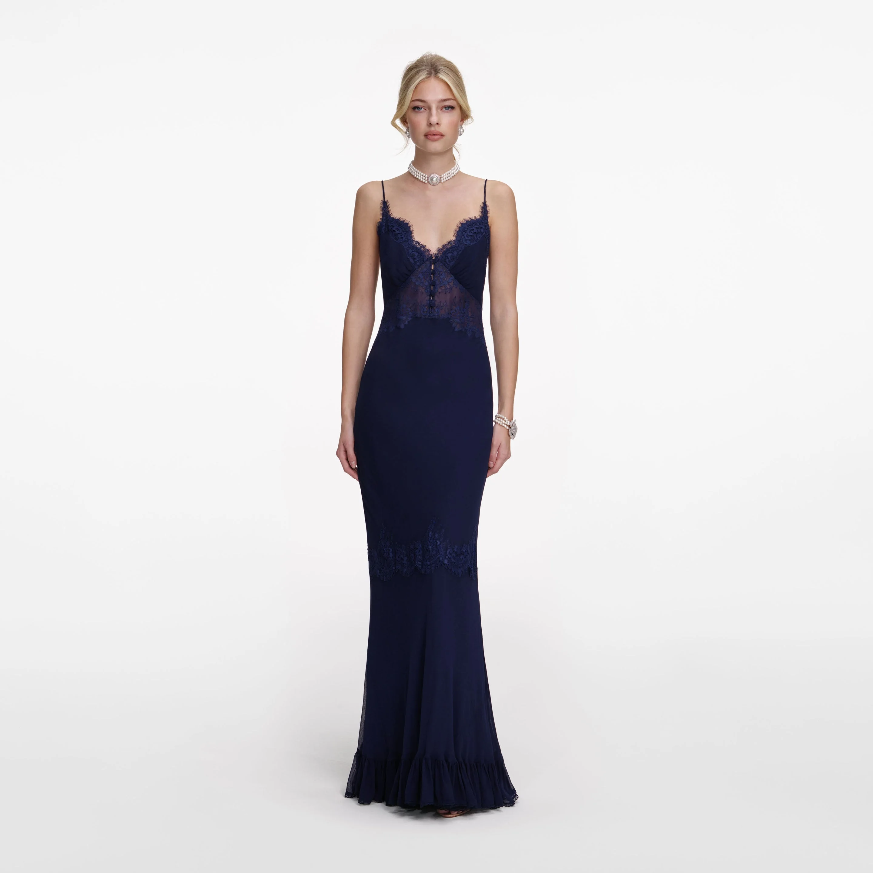 Navy Lace Georgette Maxi Dress - 1