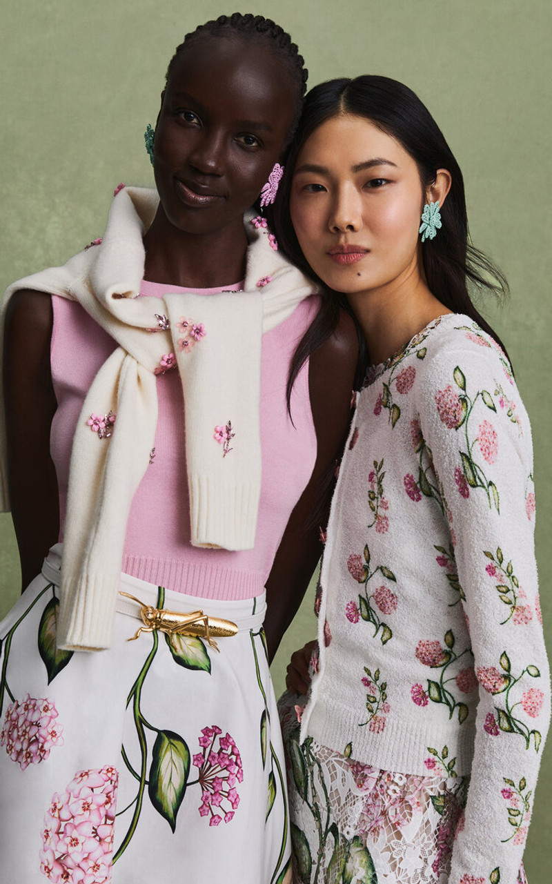 Oscar de la Renta Floral Cotton-Blend Cardigan Tank Twin Set ivory outlook