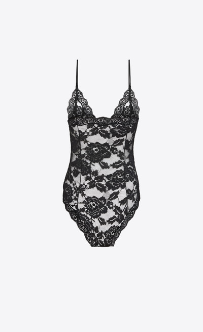 SAINT LAURENT bodysuit with a low plunging neckline in black stretch floral lace outlook