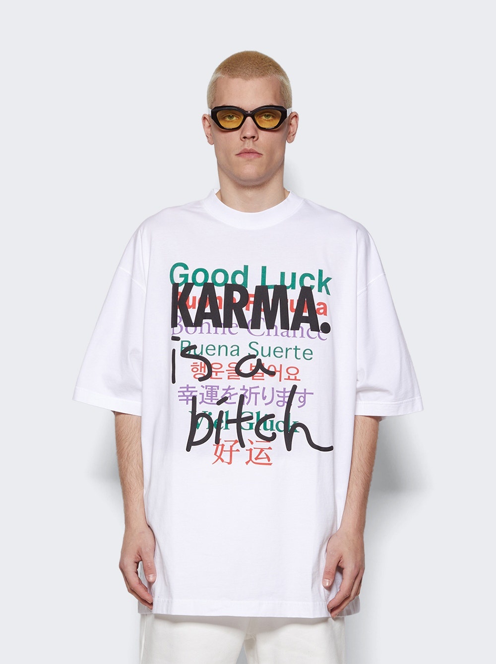 VETEMENTS Good Luck Karma T-Shirt White | thewebster | REVERSIBLE