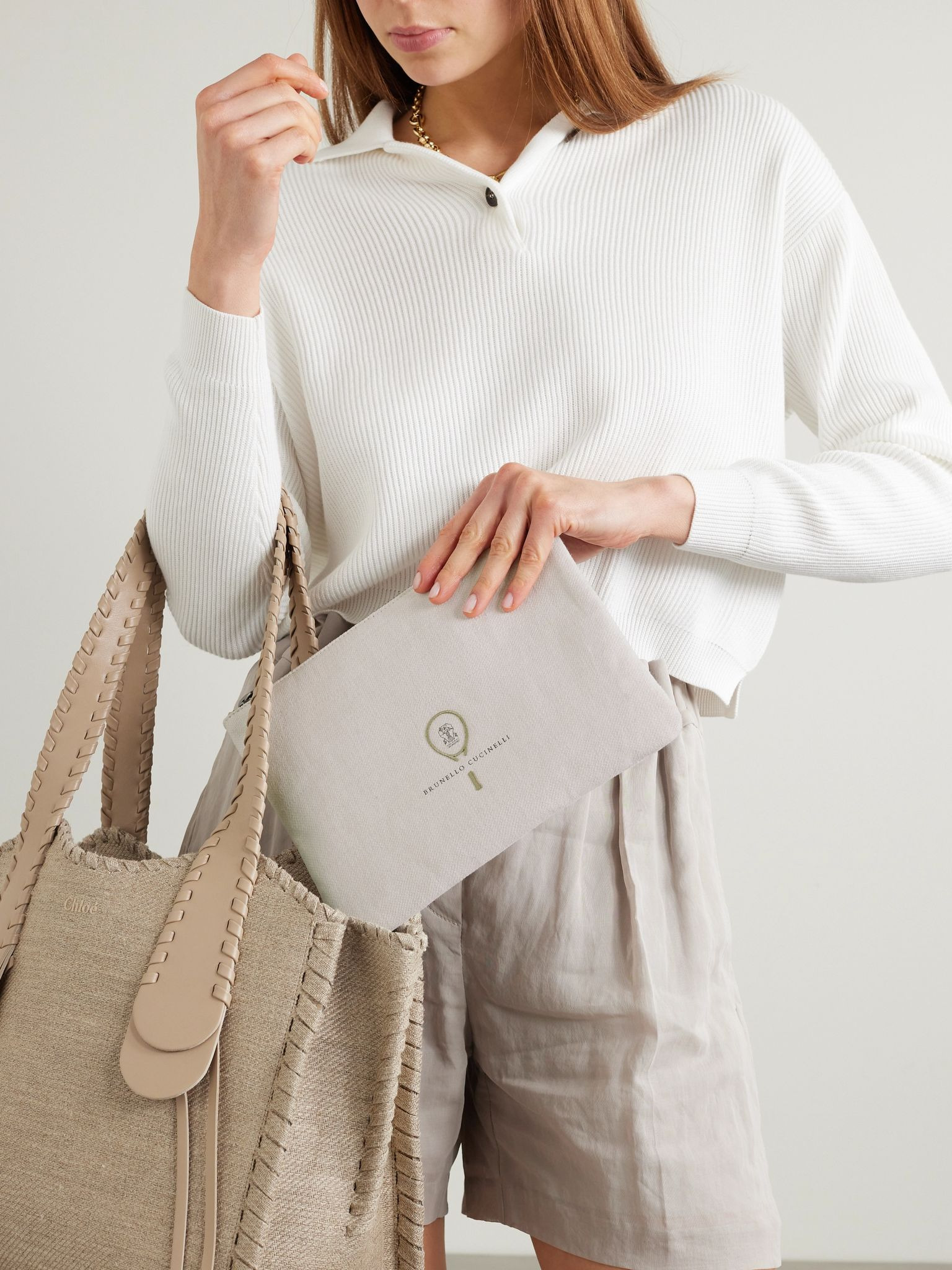 Embroidered leather-trimmed cotton and linen-blend tweed pouch Off-white - 2