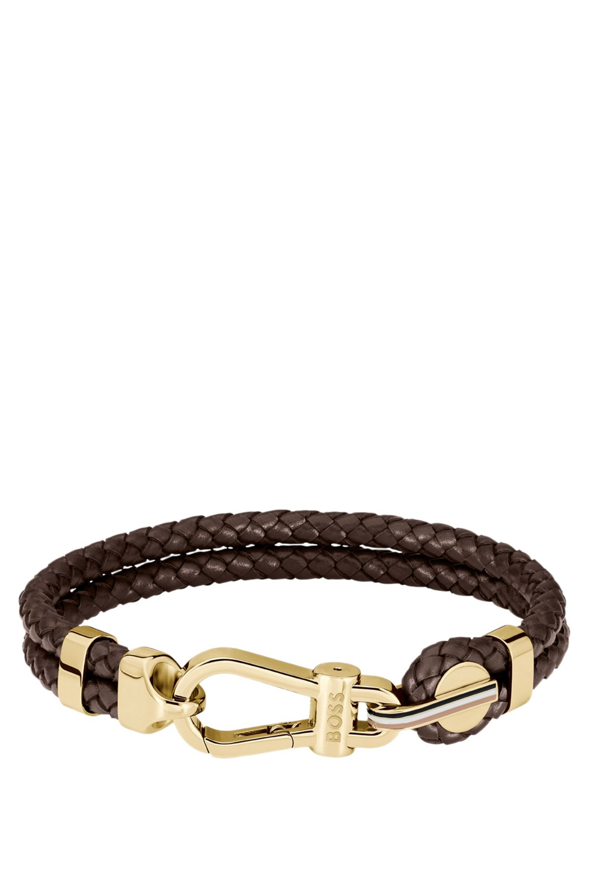 BROWN BRAIDED-LEATHER CUFF WITH GOLD-TONE CARABINER CLOSURE - 1