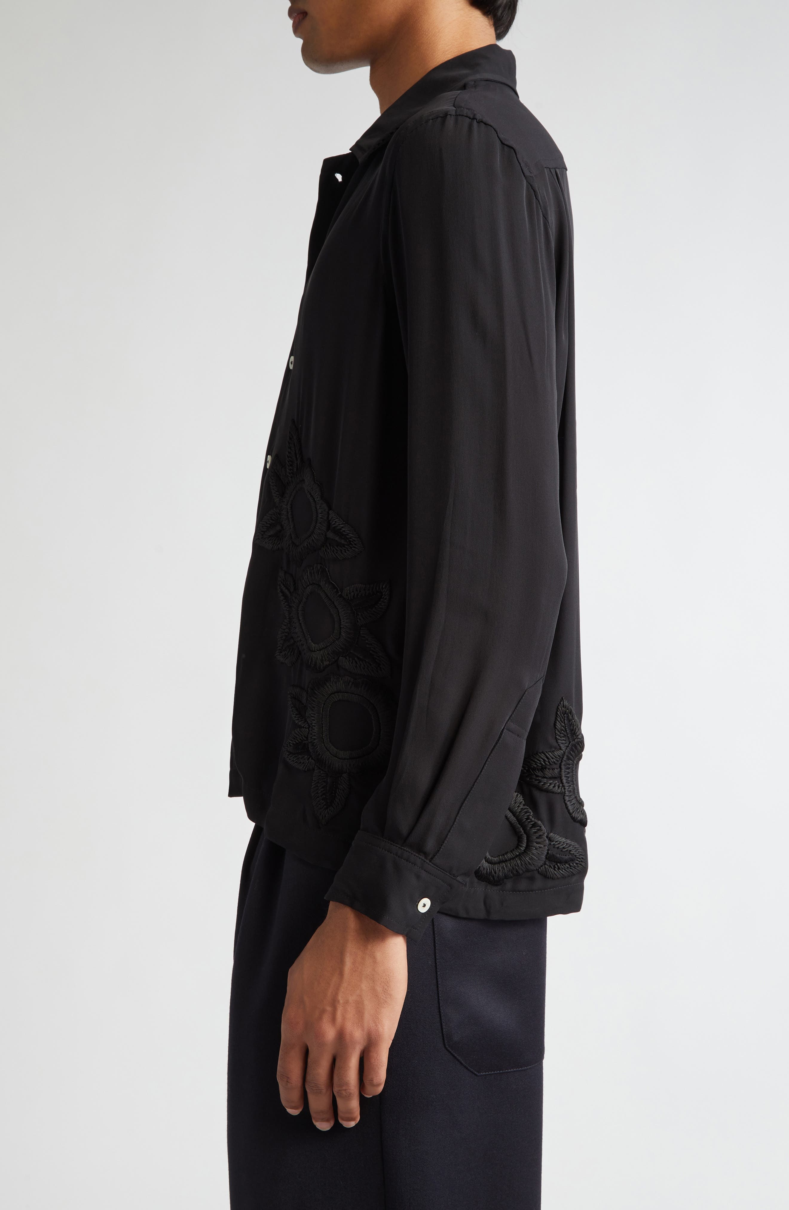 Bode Midnight Daffodil Long Sleeve Silk Button-Up Shirt in Black at Nordstrom - 4