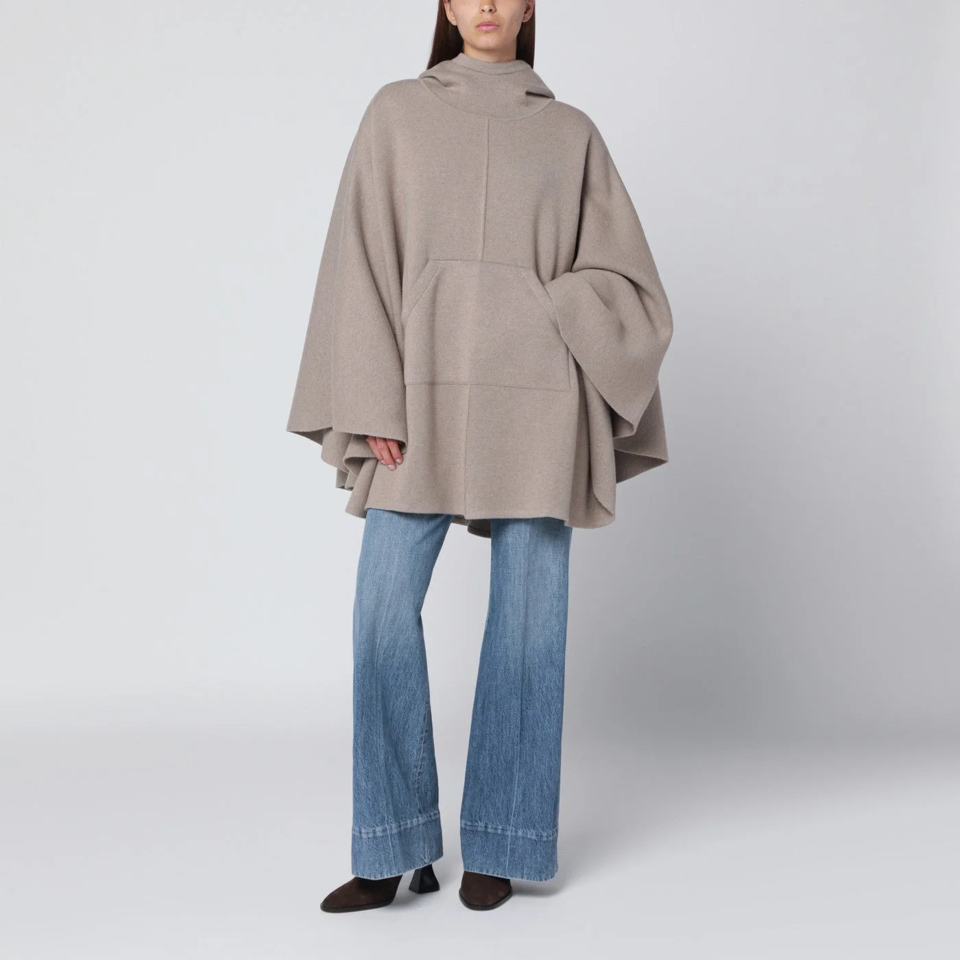 Beige cashmere-blend hooded cape - 1