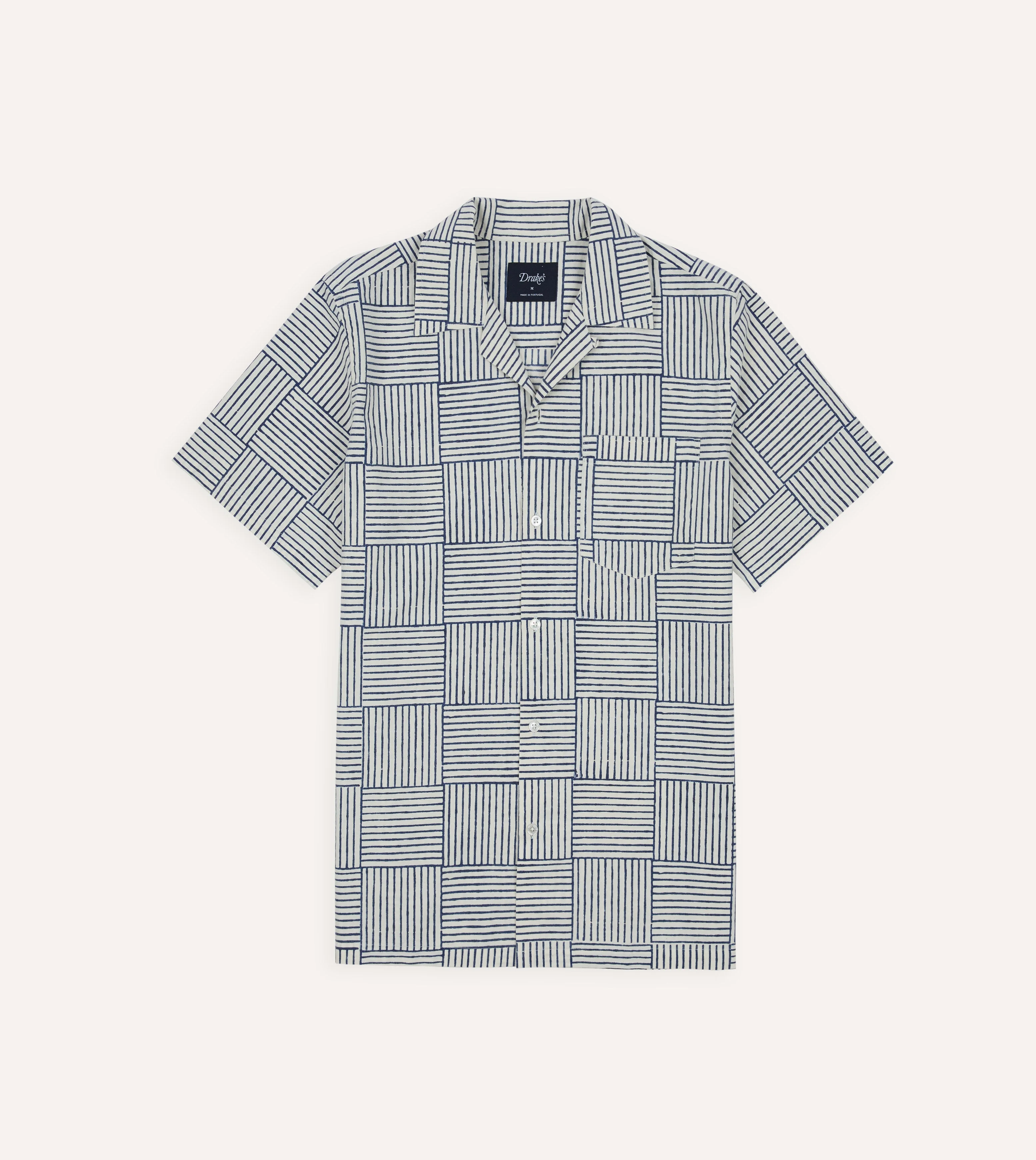 Navy Weave Block Print Cotton Camp Collar Short Sleeve Shirt - 1