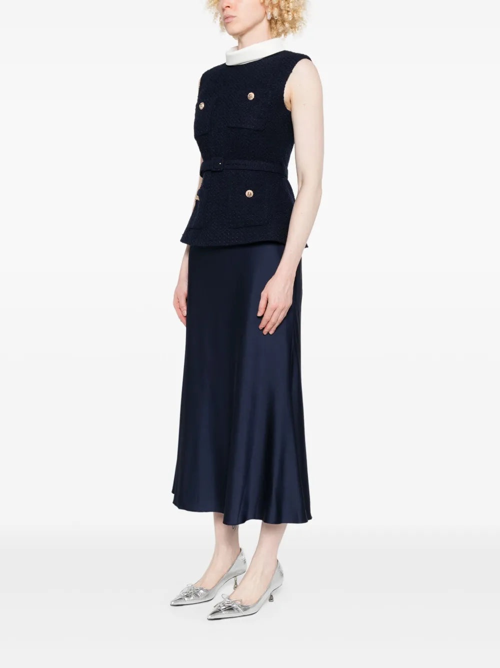 Navy Boucle Sleeveless Midi Dress - 3