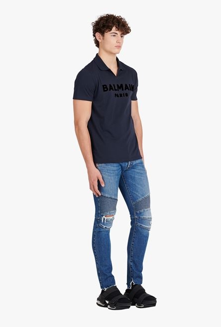 Navy blue eco-designed cotton polo with black Balmain logo print - 7