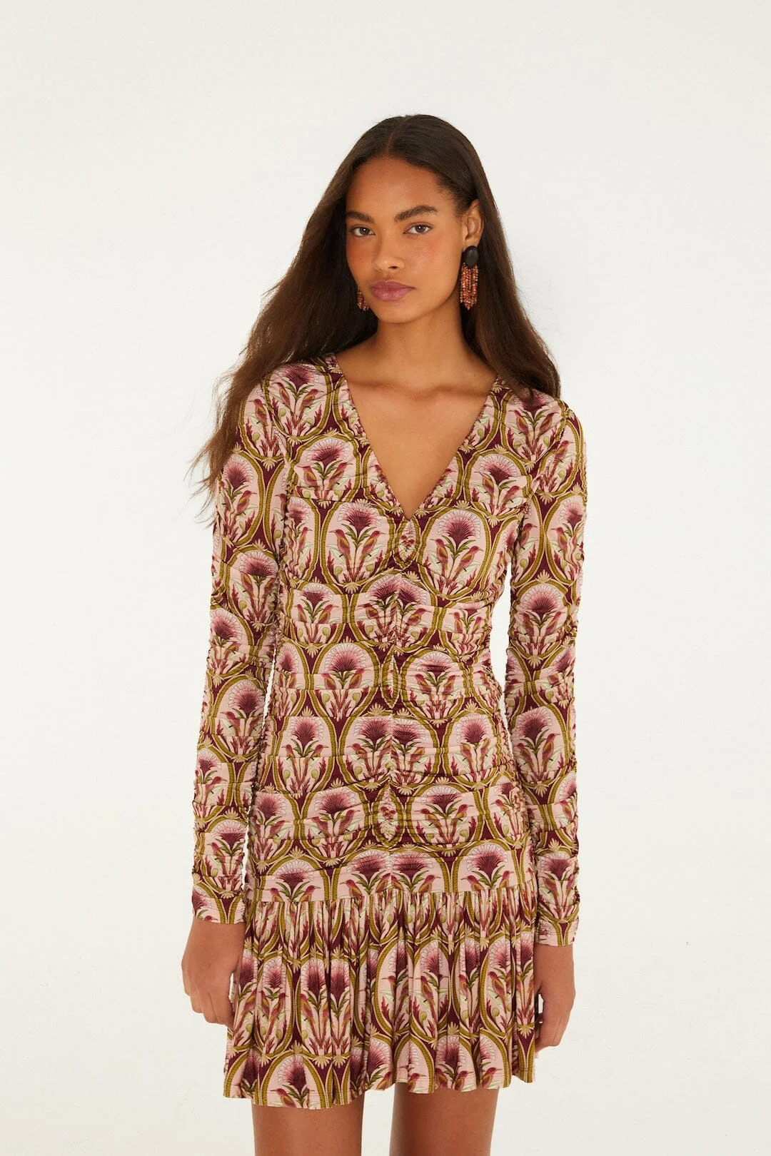 Garden Medal Long Sleeve Ruched Mini Dress - 1