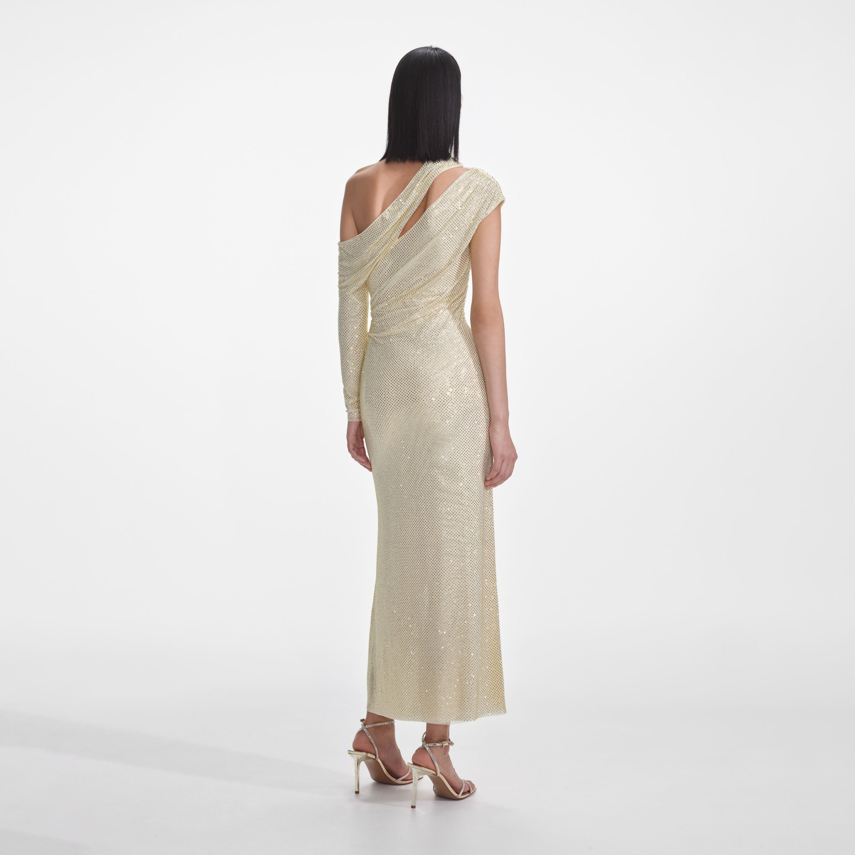 Yellow Rhinestone Gathered Midi Dress - 3