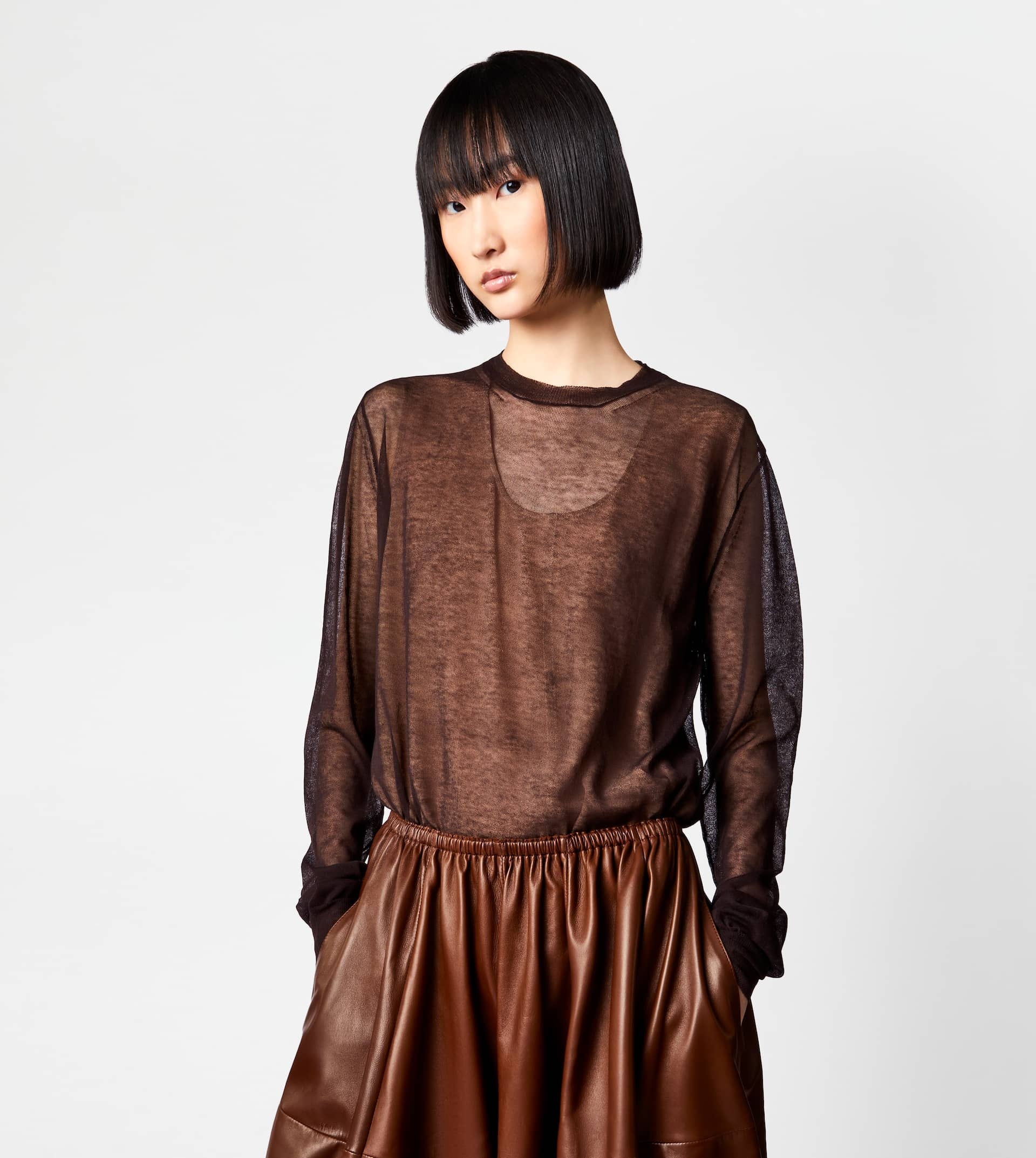 SEMI-TRANSPARENT ROUND NECK JUMPER - BROWN - 7