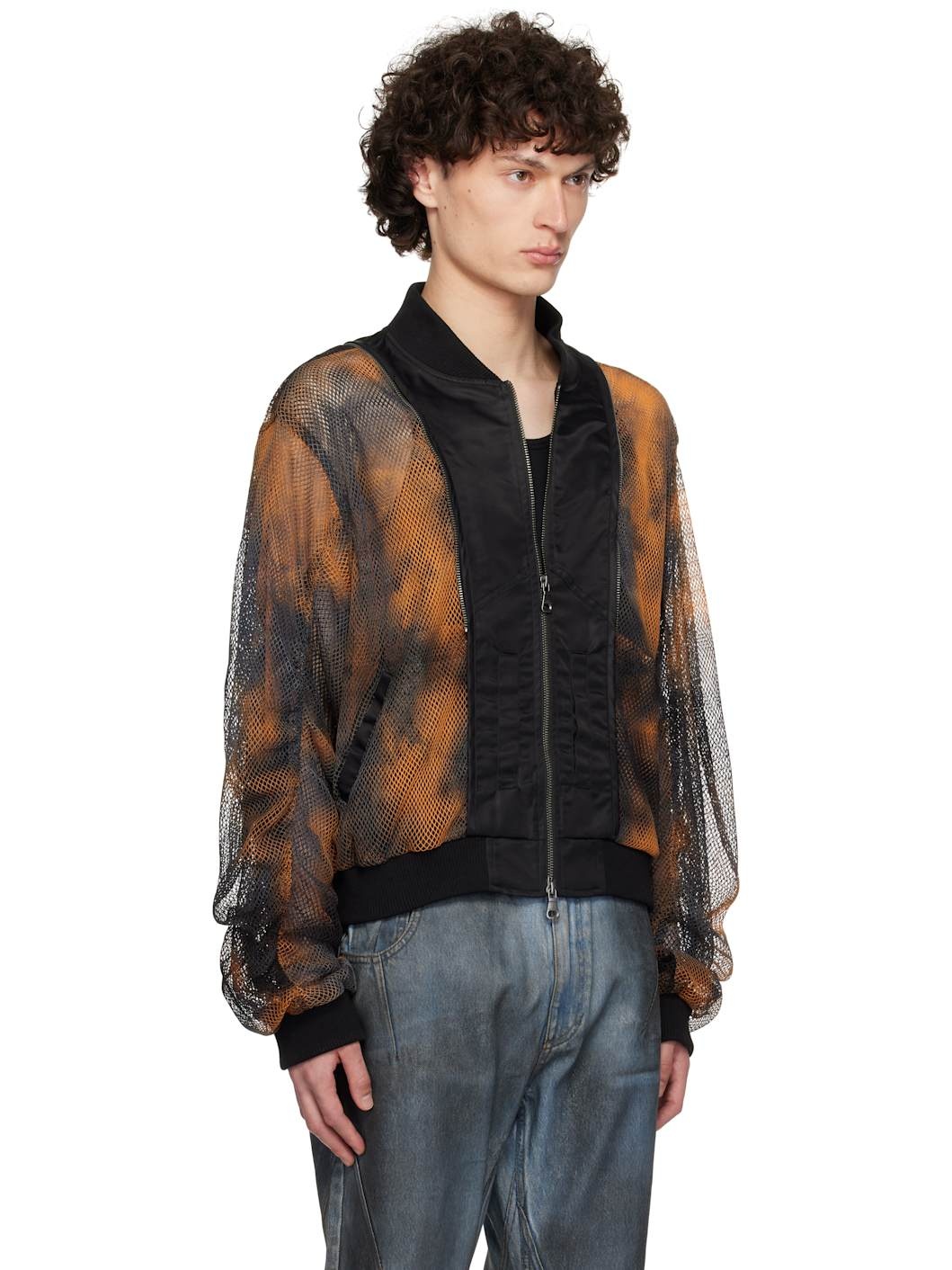 Black & Orange Double Layer Mesh Bomber Jacket - 2