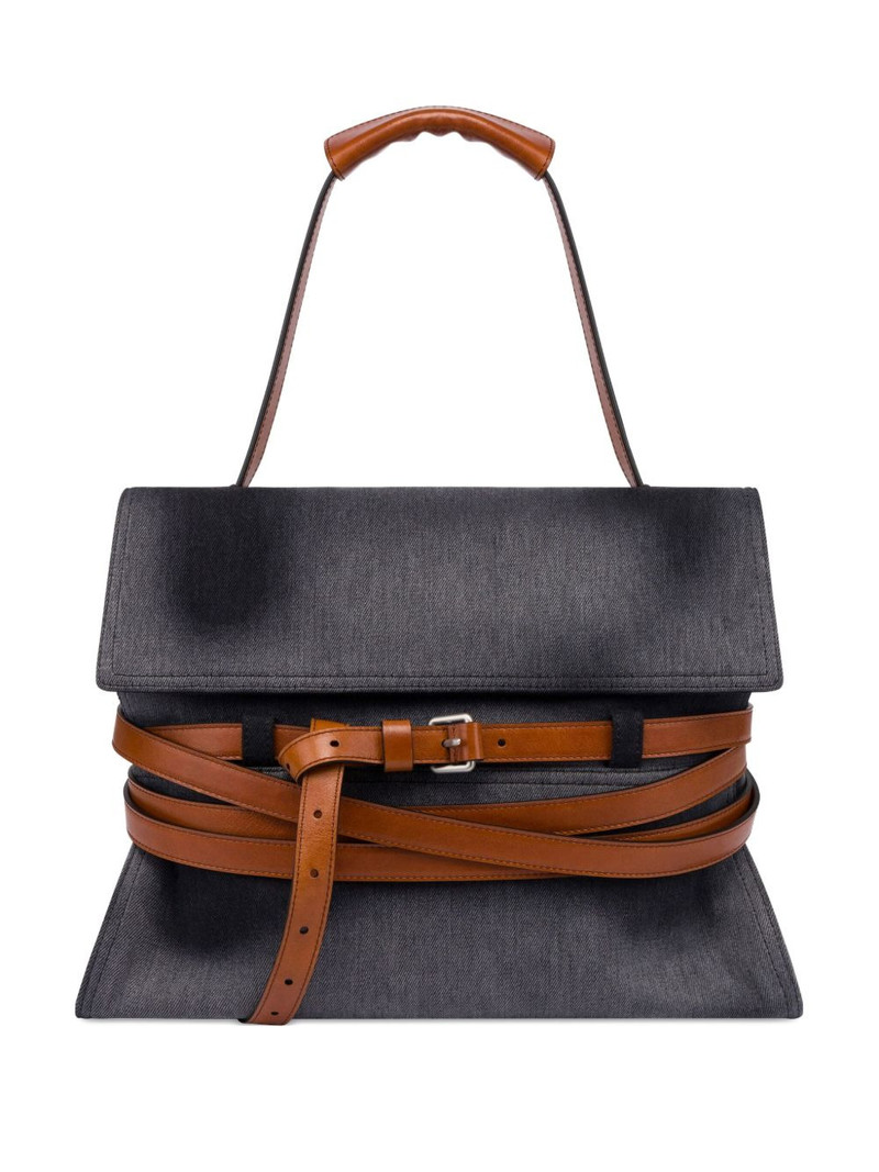 leather-trimmed denim shoulder bag 1