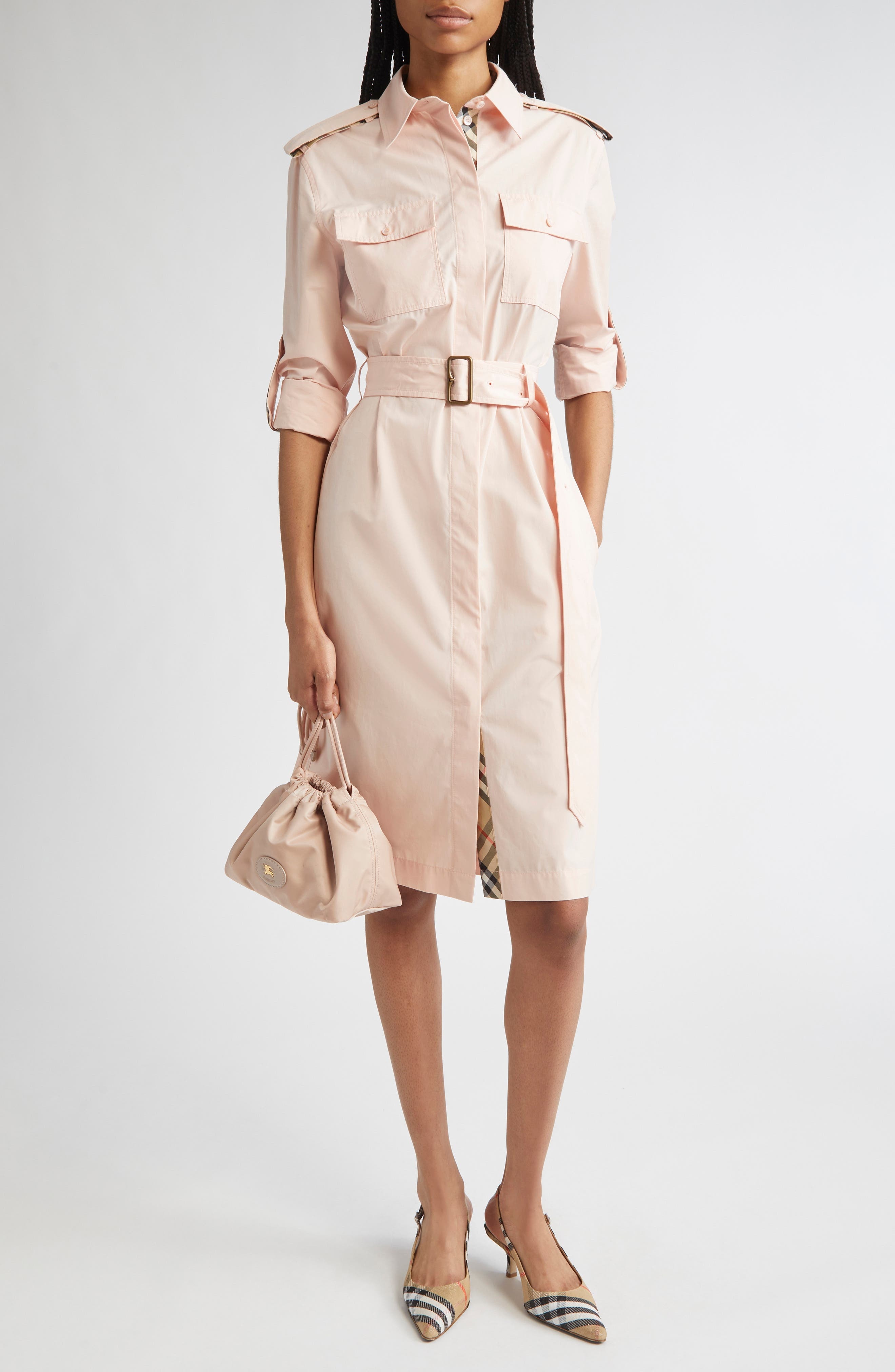 burberry Long Sleeve Cotton Poplin Belted Shirtdres in Flora at Nordstrom - 1