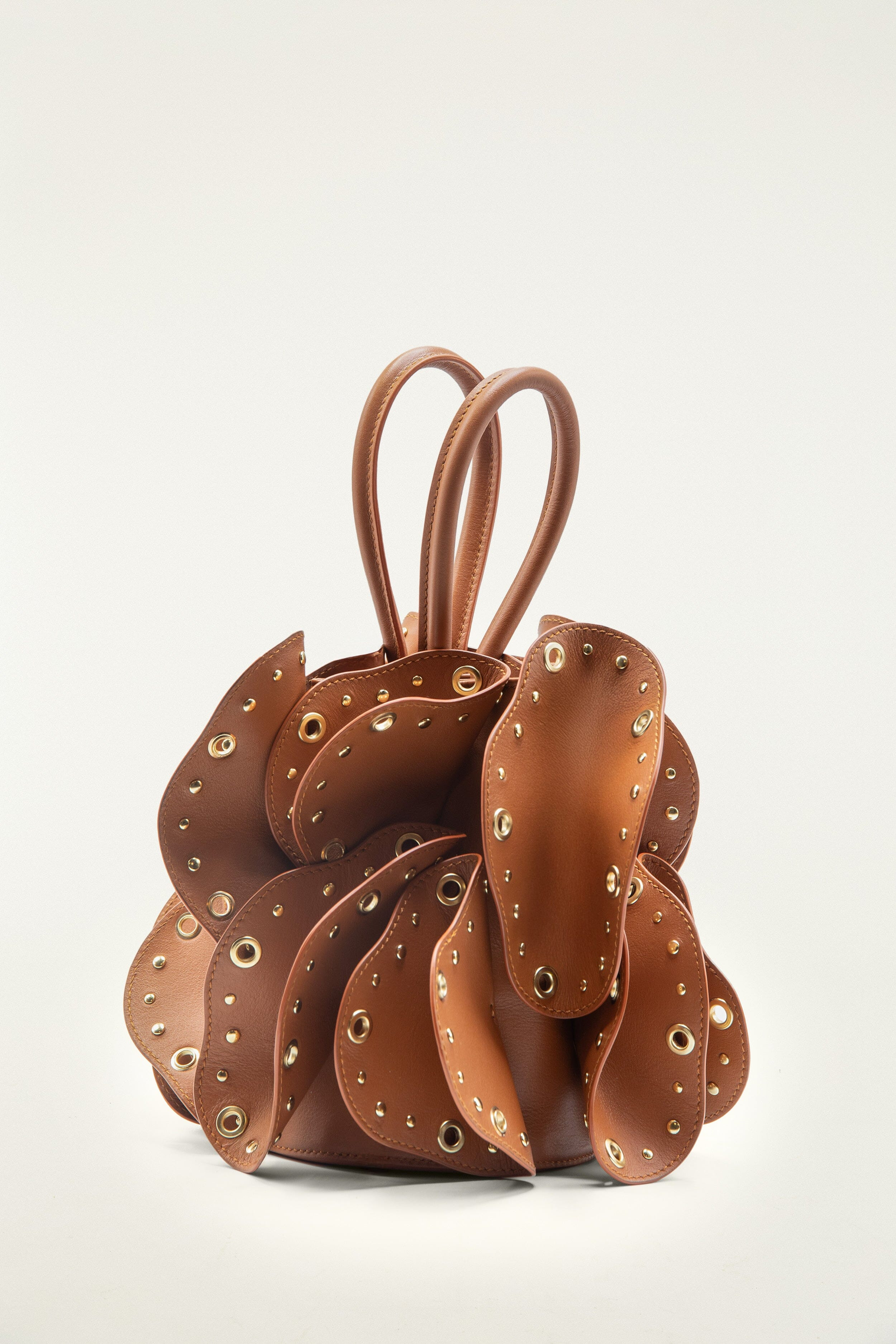Brown Leather Studded Flower Bag - 2