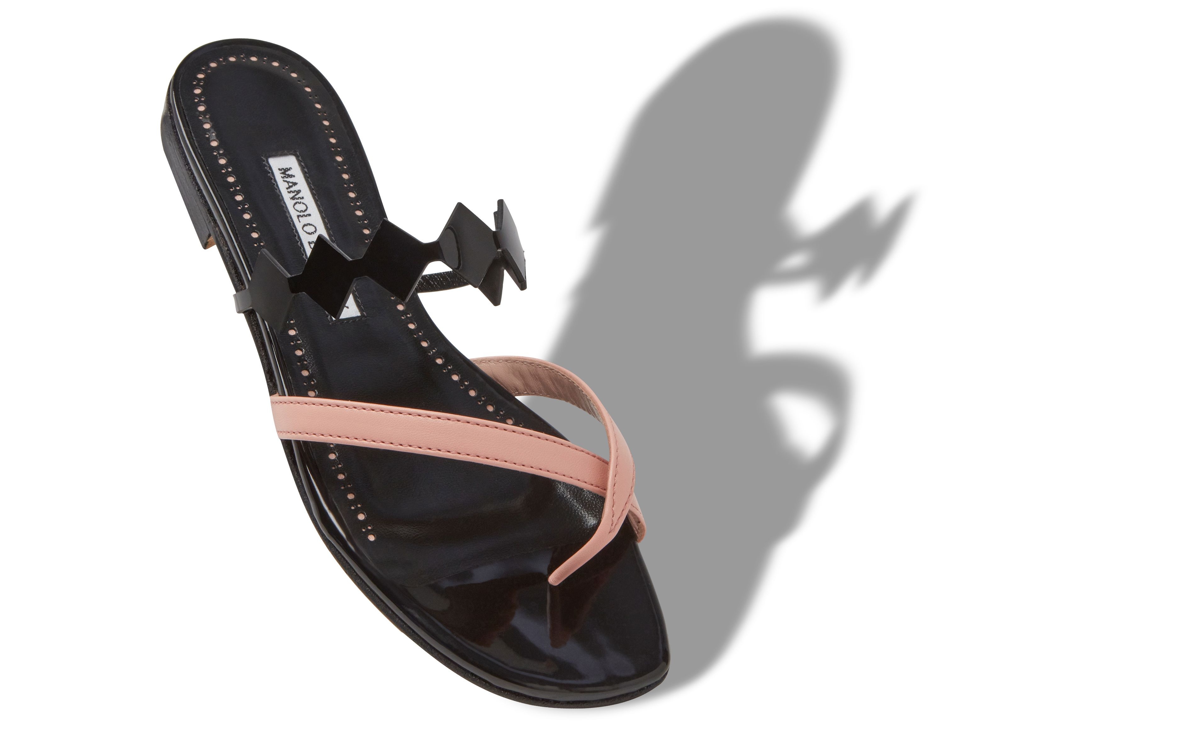 Light Pink and Black Leather Flat Sandals - 2