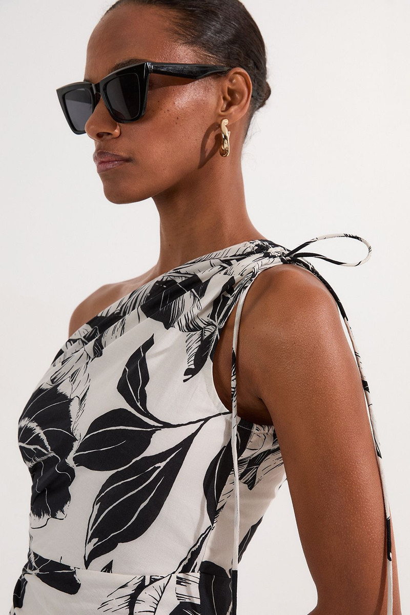 Palm Border Print Cotton Voile One Shoulder Midi Dress 3