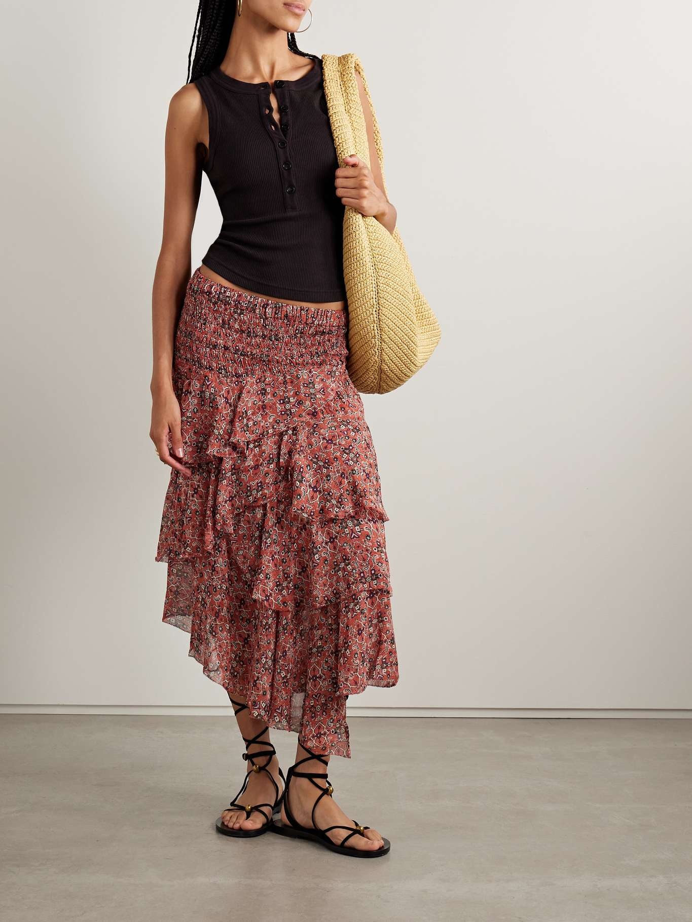 Brigitte asymmetric tiered ruffled printed georgette skirt Red - 2
