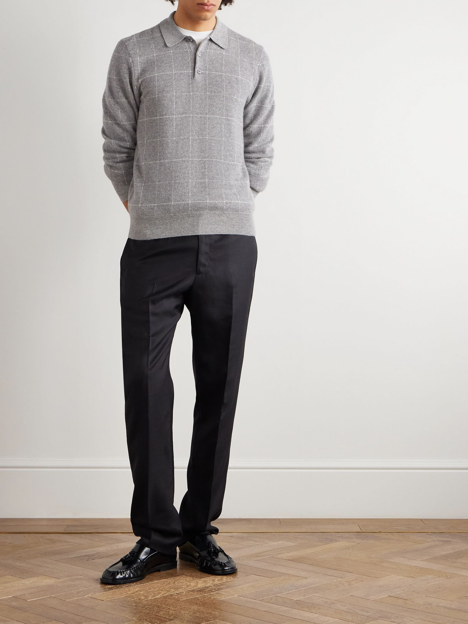 Checked Cashmere Polo Shirt Gray - 2