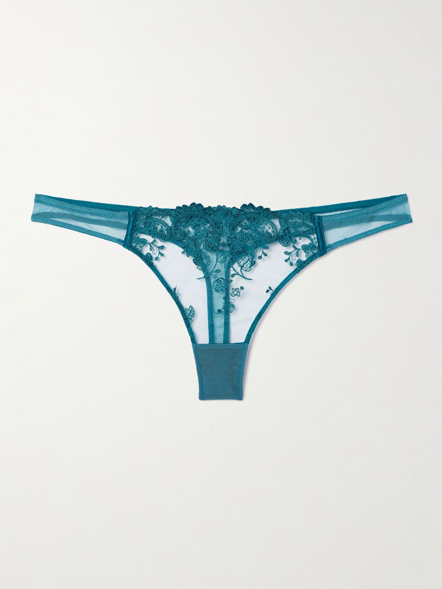 Juliette satin-trimmed embroidered tulle thong Blue - 1