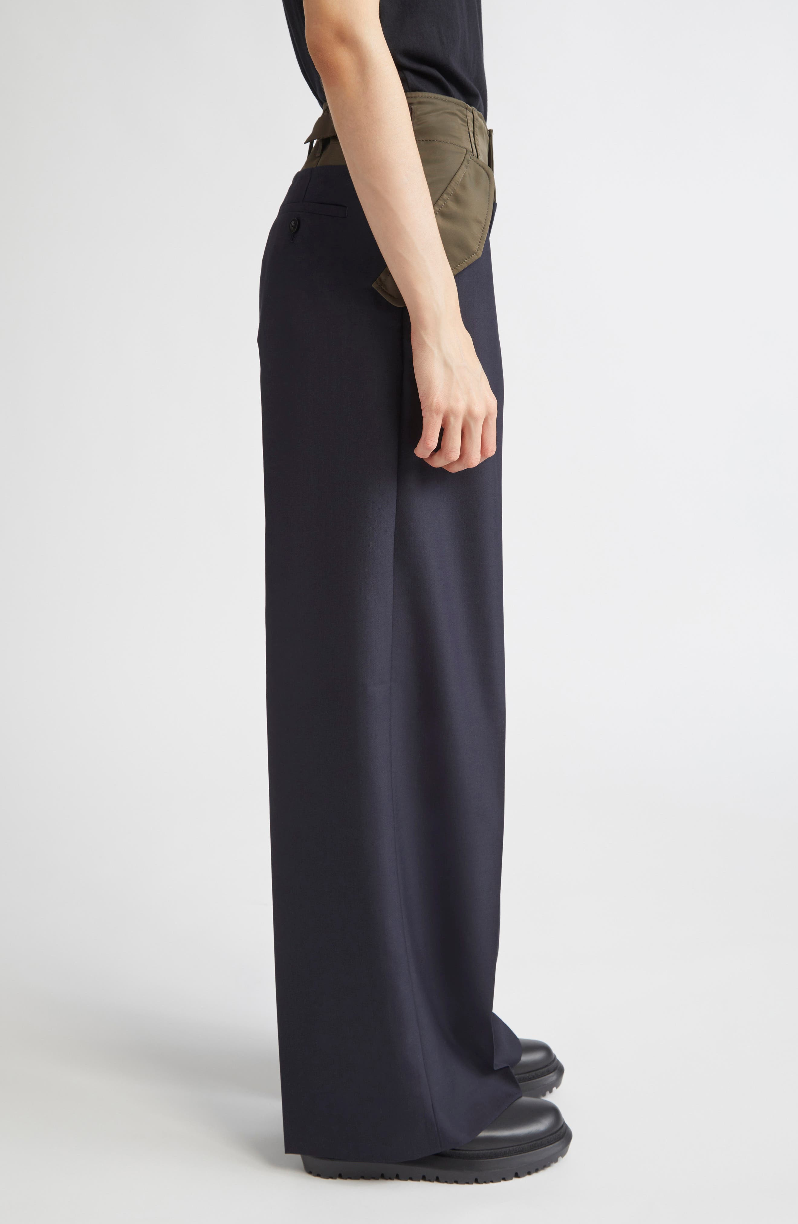 Sacai Suiting Mixed Media Straight Leg Pants in Navy/Dark Khaki at Nordstrom - 4
