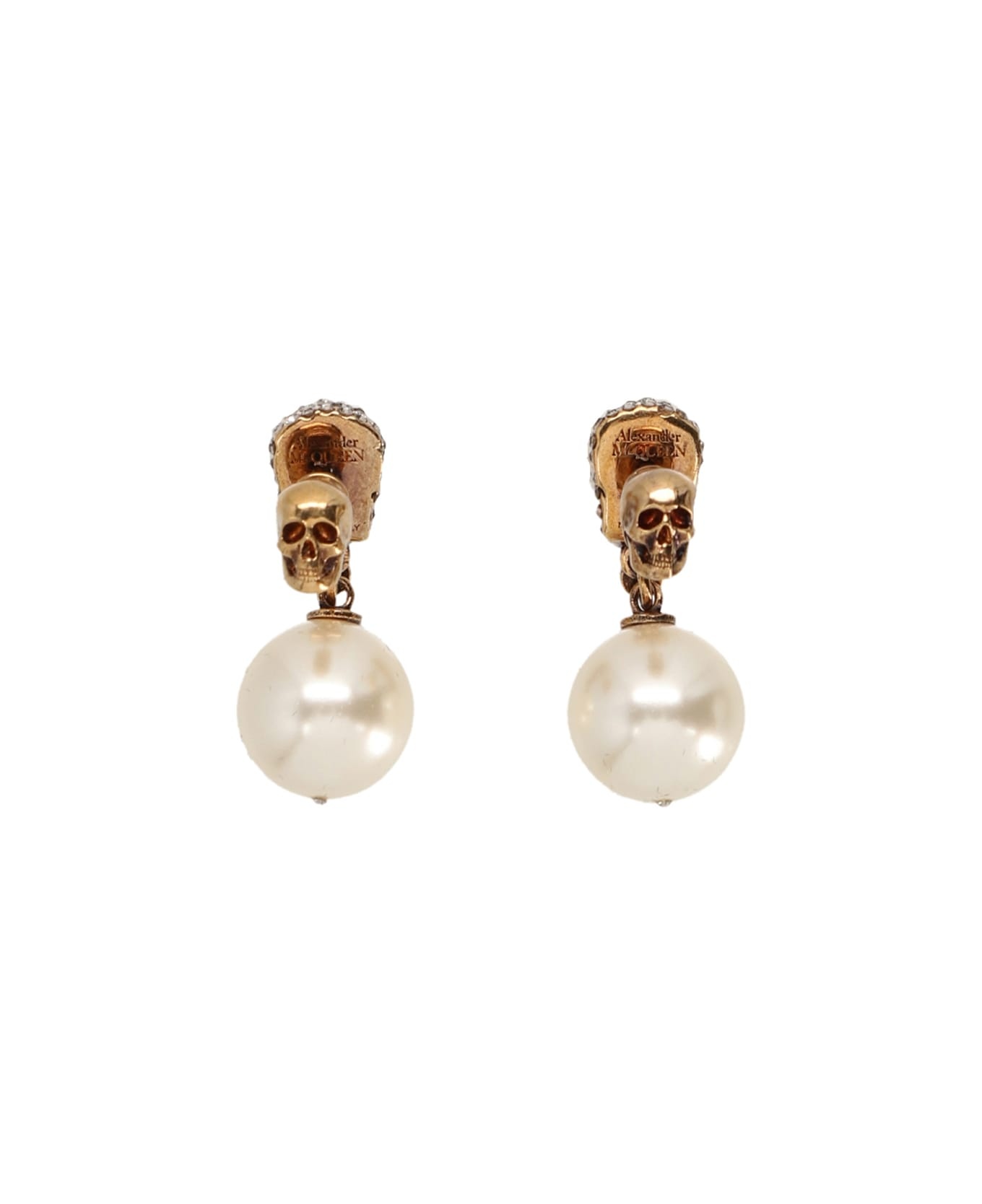 Pearl Skull Earrings In Antiqued Gold - 2
