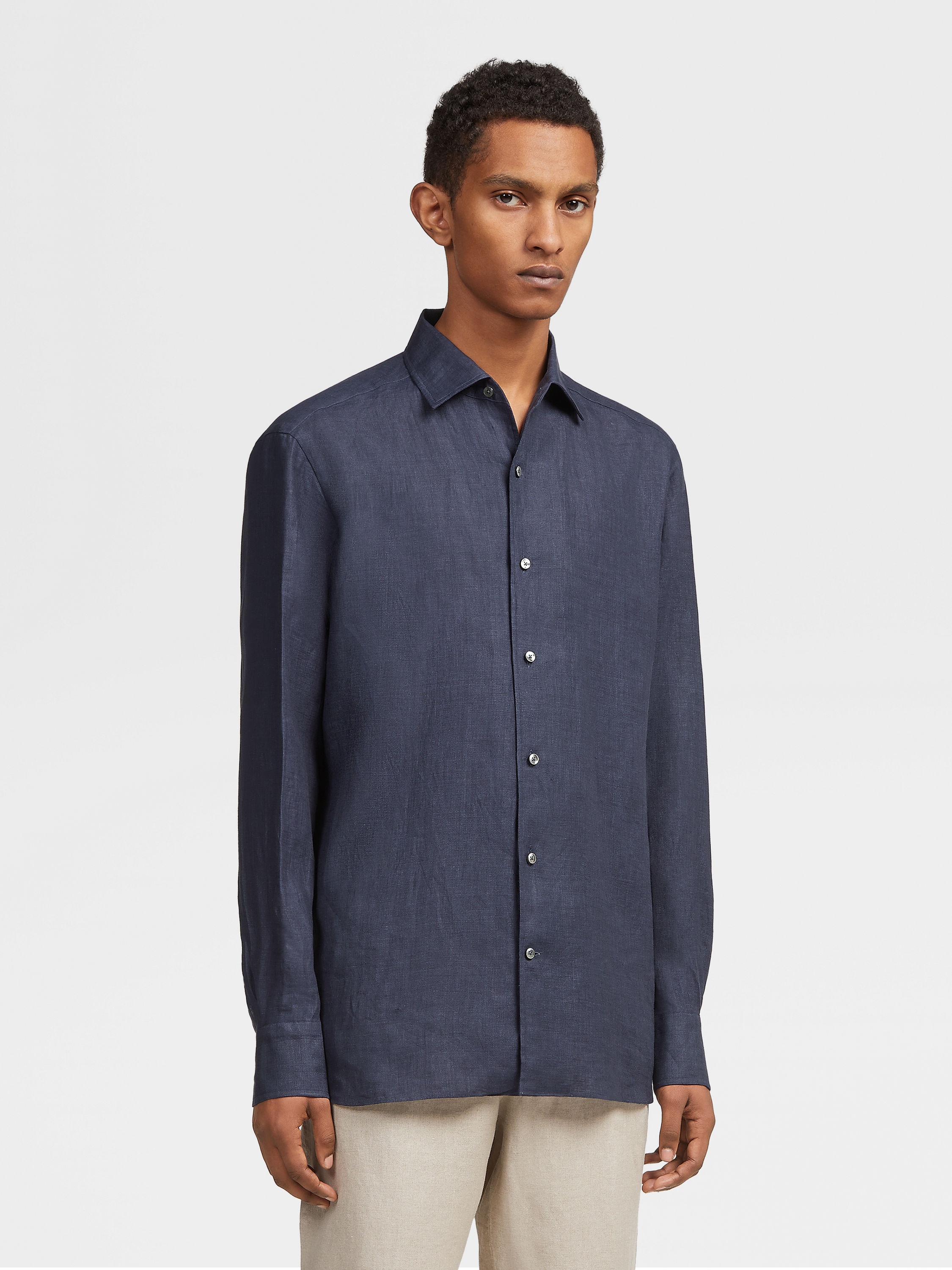 NAVY BLUE PURE LINEN LONG-SLEEVE SHIRT - 2