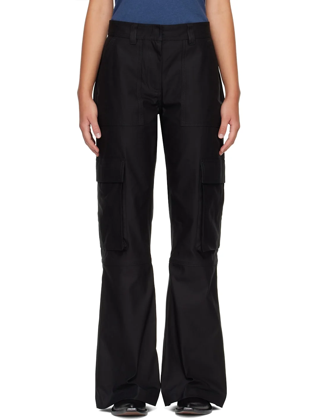 Black Cotton Satin Cargo Trousers - 1