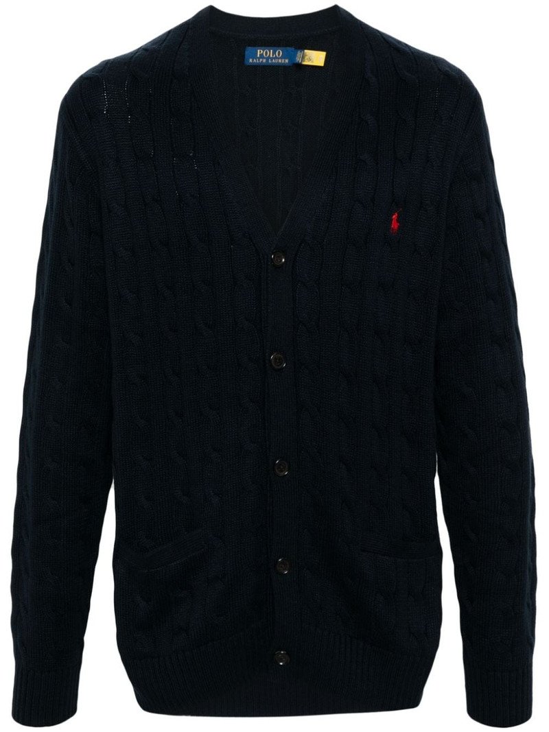 logo-embroidered cable-knit cardigan 1