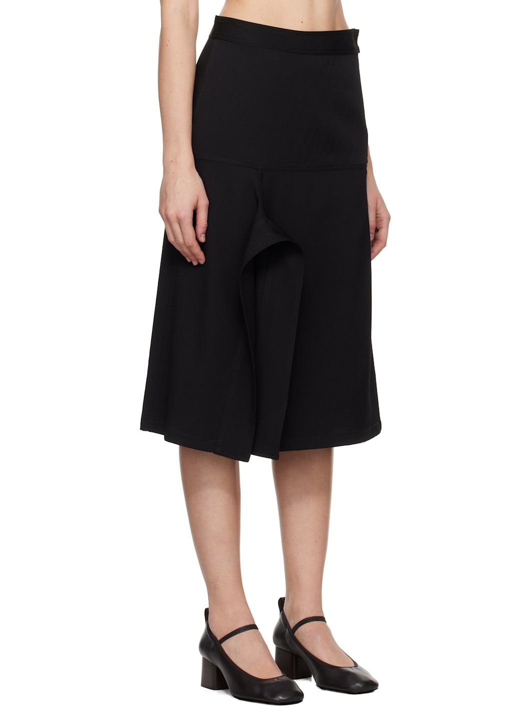 Black Asymmetrical Wrapover Midi Skirt - 2