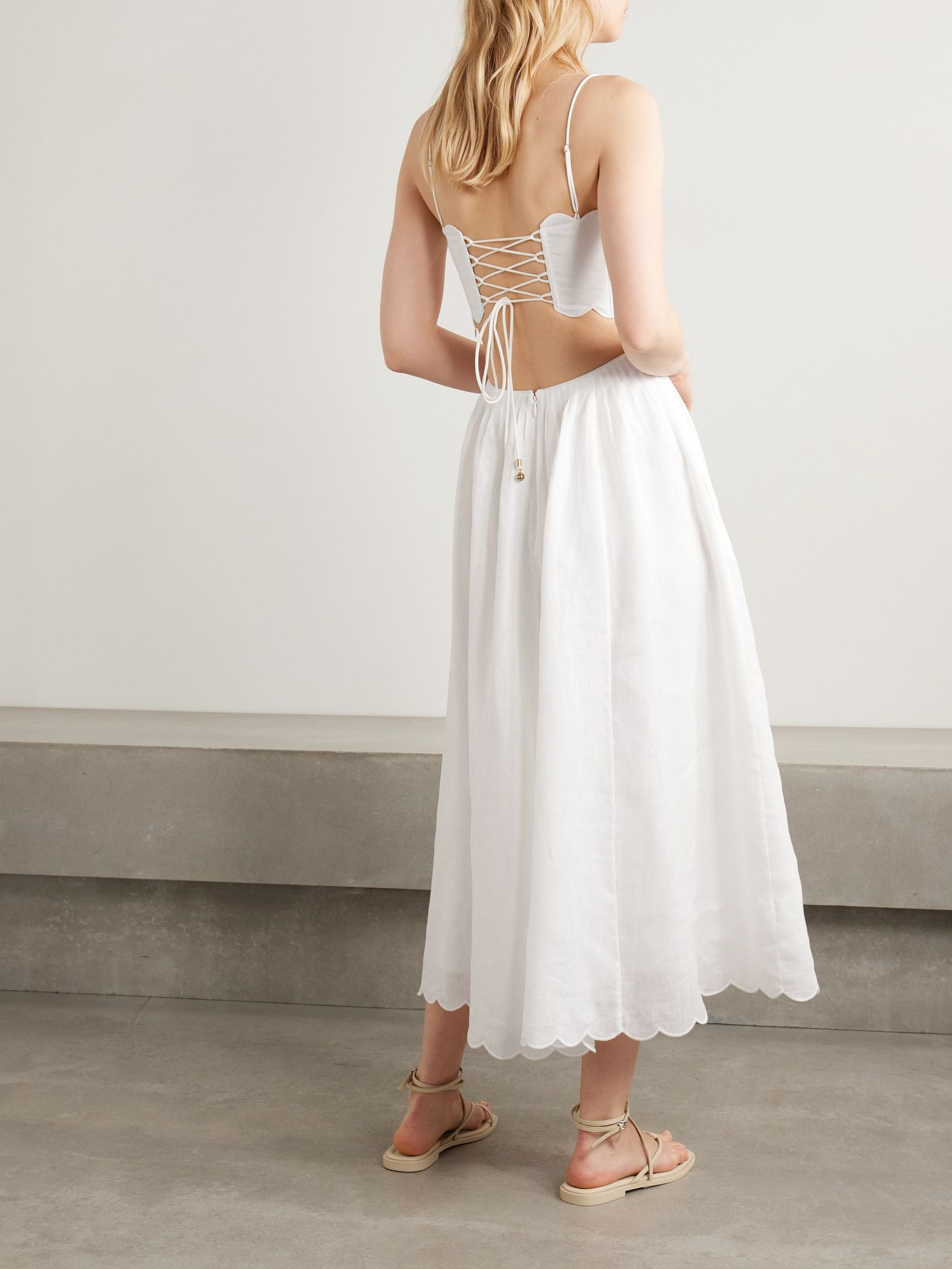 Rhiannon cutout pleated scalloped linen-voile midi dress Ivory - 3