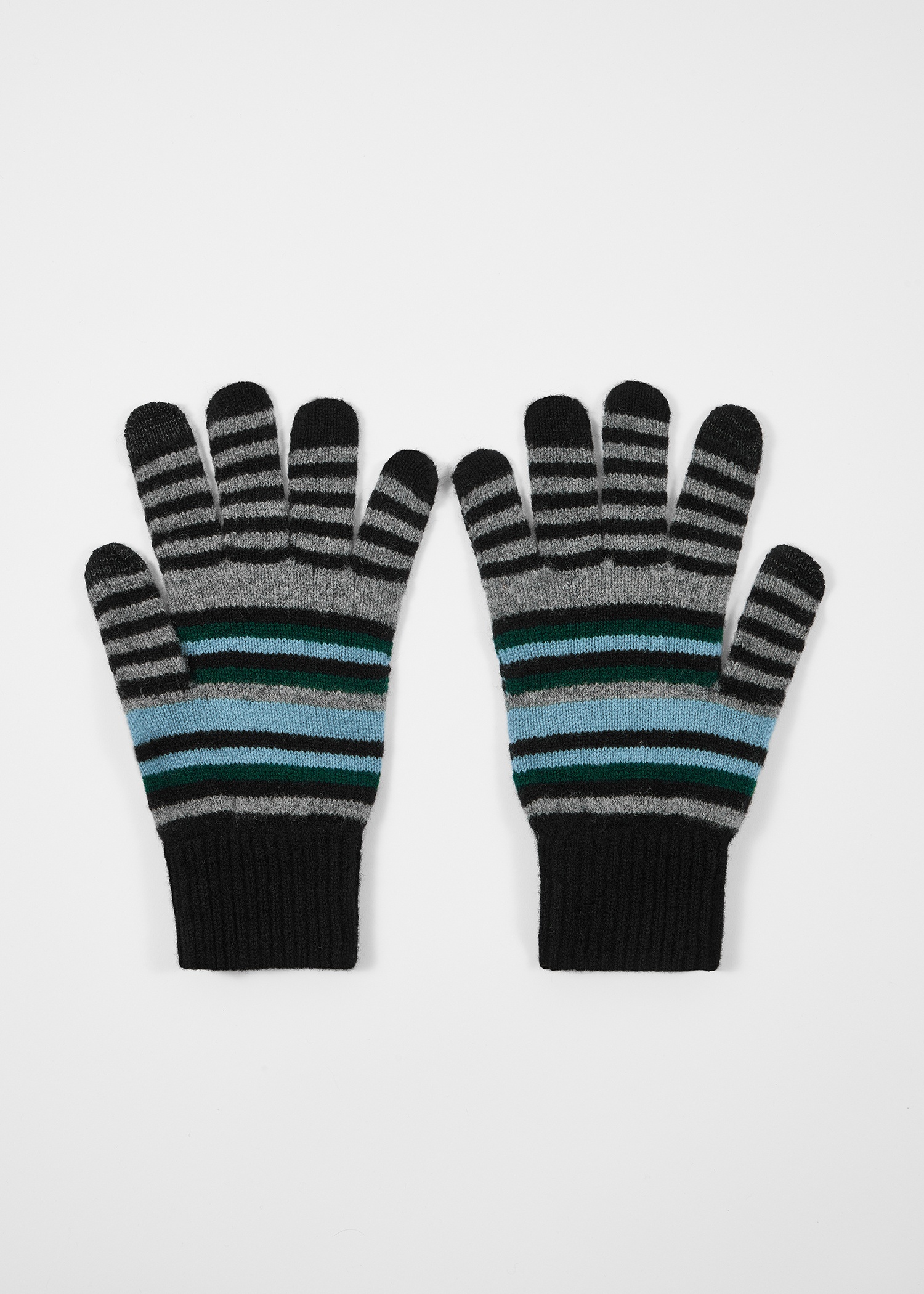 Black Wool Striped Gloves - 2