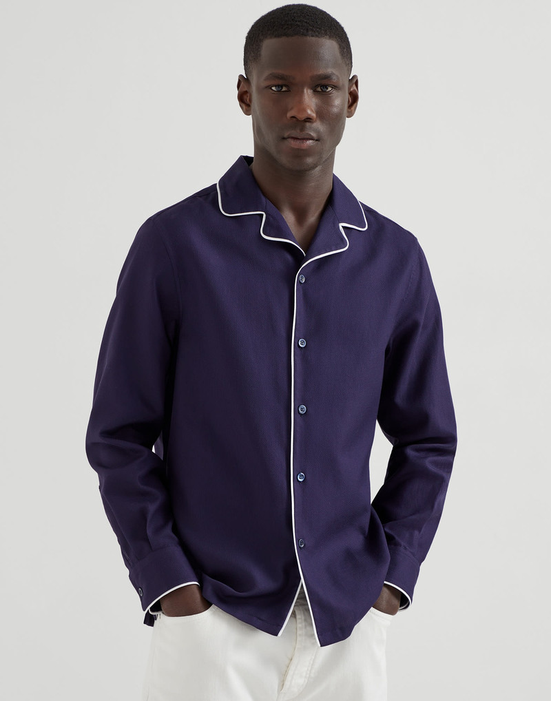 Honeycomb texture cotton easy fit shirt with camp collar and piping - 1