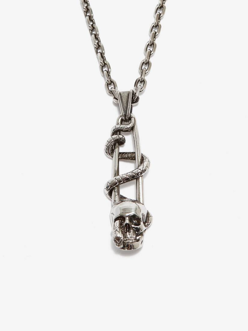 Alexander McQueen Skull Safety Pin Necklace in Antique Silver outlook