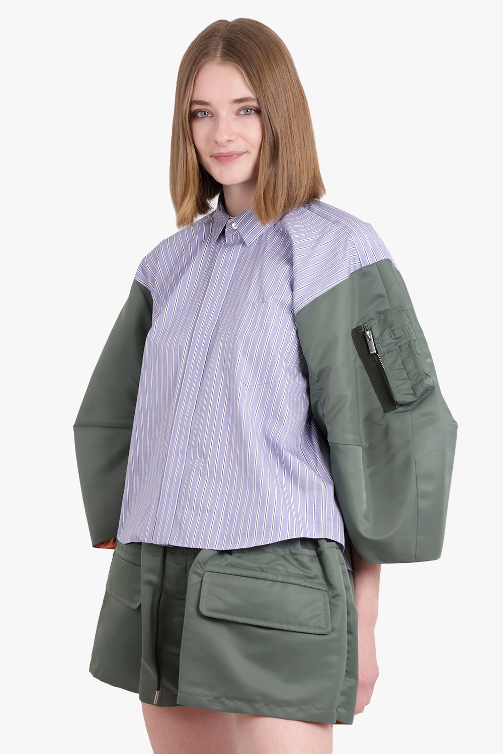 CONTRAST BALLOON L/S CROPPED STRIPE SHIRT | BLUE/KHAKI - 2