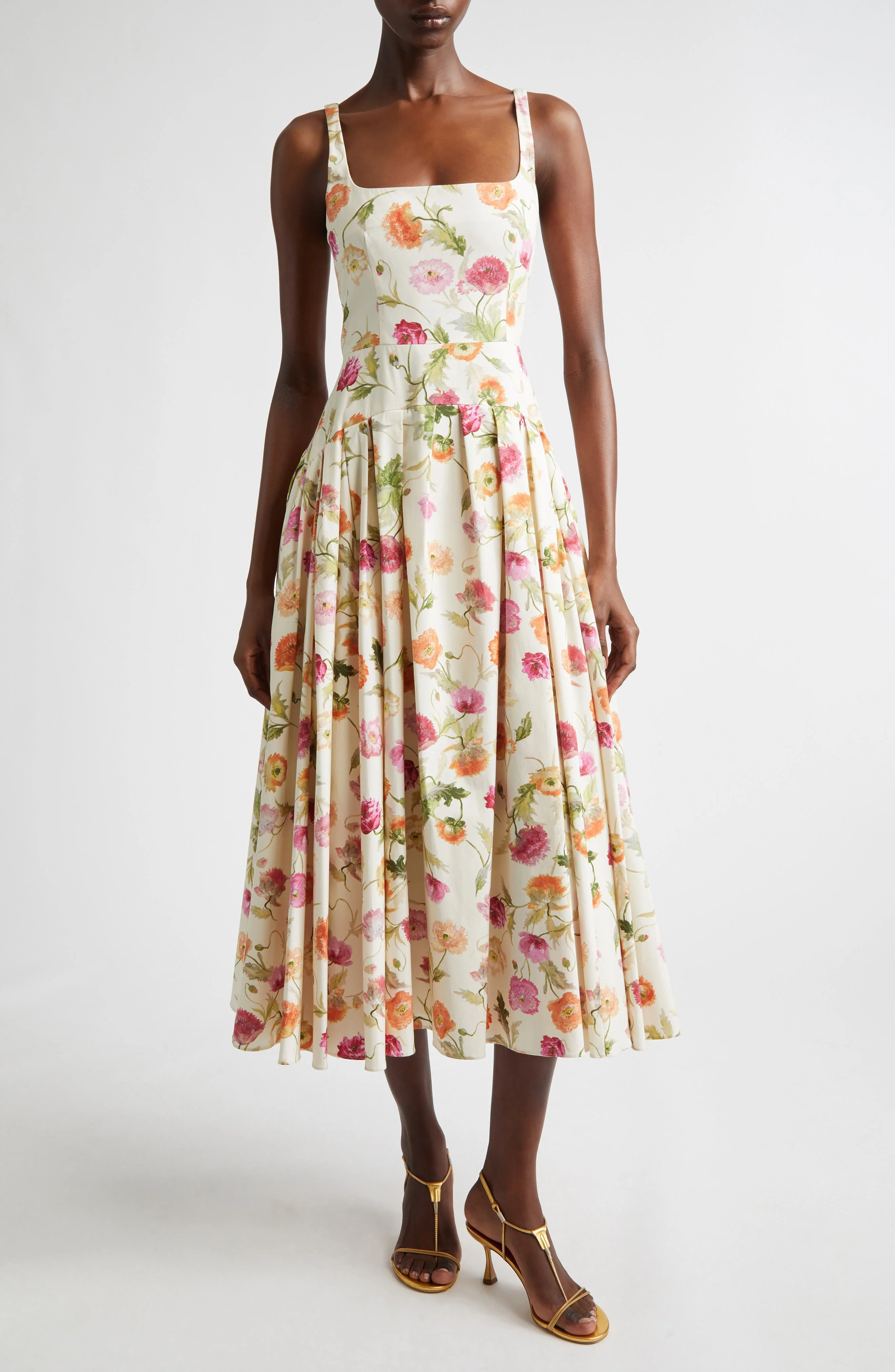 Carolina Herrera Poppy Print Pleated Drop Wait Stretch Poplin Fit & Flare Dress in Almond Multi at N - 1