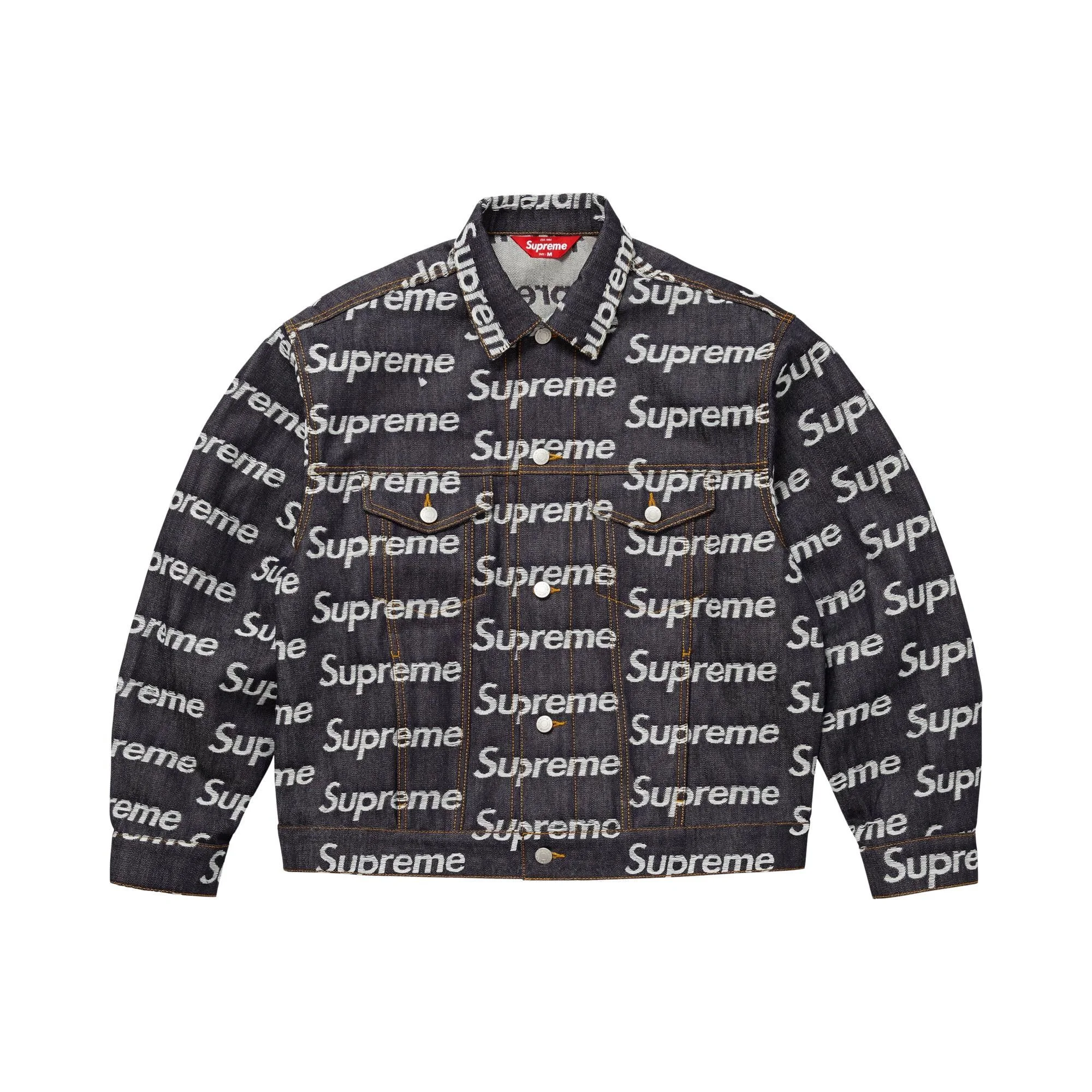 Supreme Jacquard Logos Denim Trucker Jacket 'Rigid Indigo' - 1