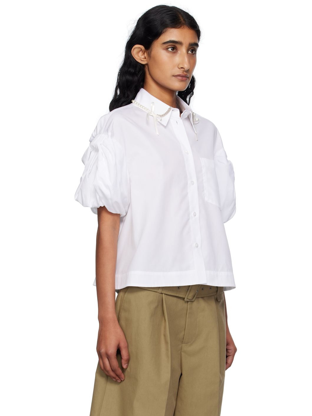 White Cropped Puff Bow Sleeve Shirt - 2