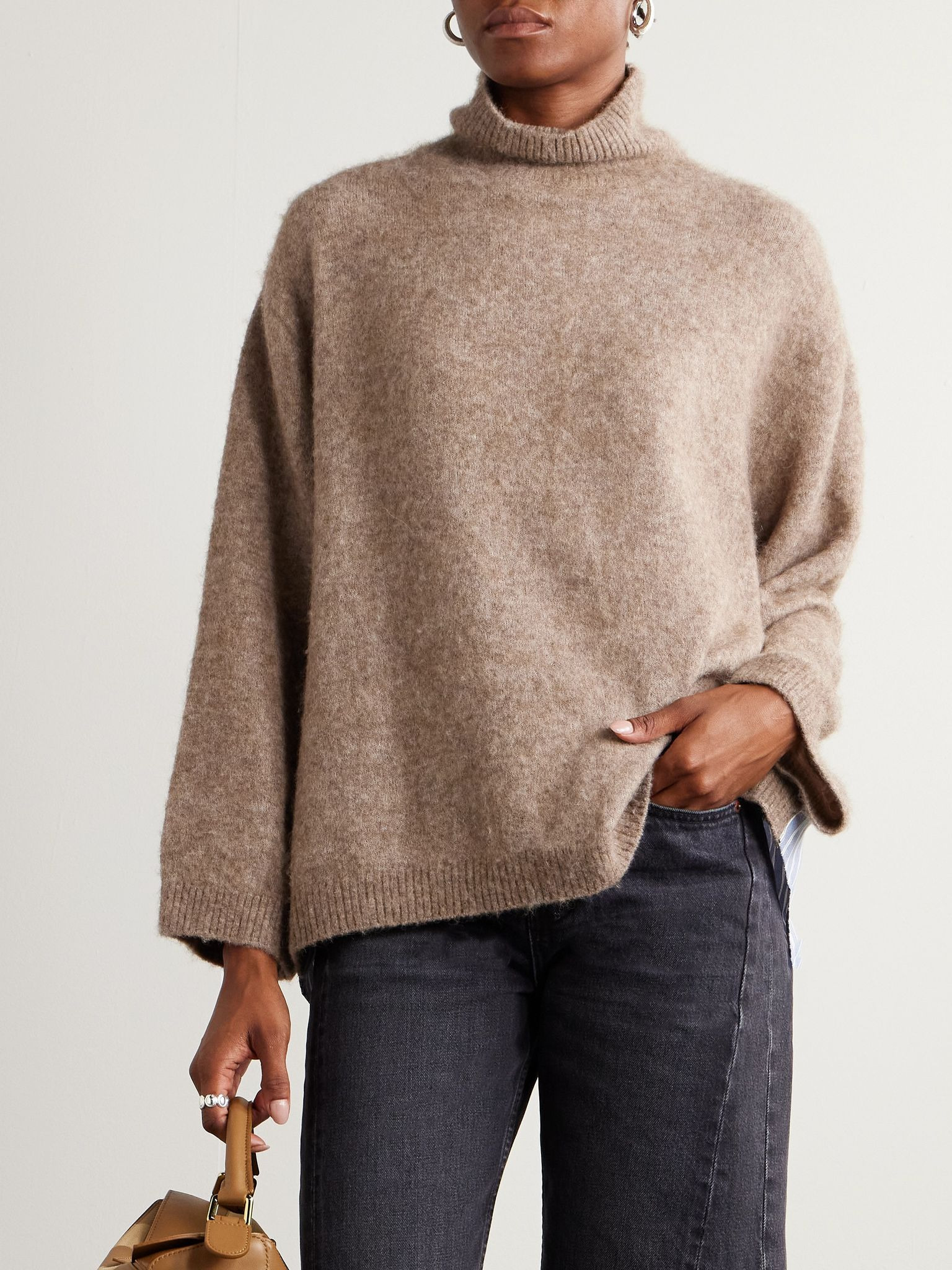 Mallory checked cotton-blend trimmed knitted turtleneck sweater Camel - 3