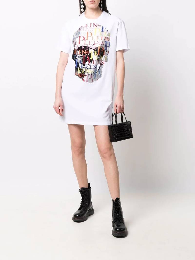 PHILIPP PLEIN Skull rhinestone logo T-shirt dress outlook