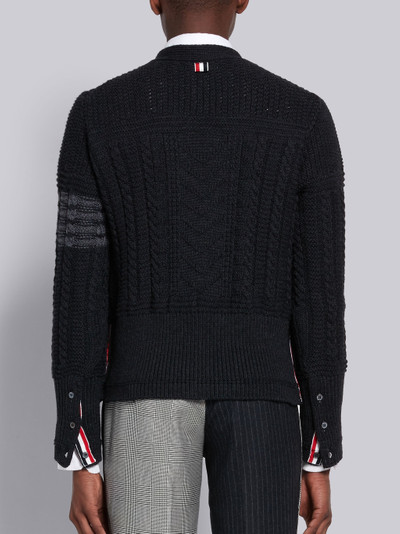 Thom Browne Dark Grey Fine Merino Wool Aran Cable V-neck 4-Bar Cardigan outlook