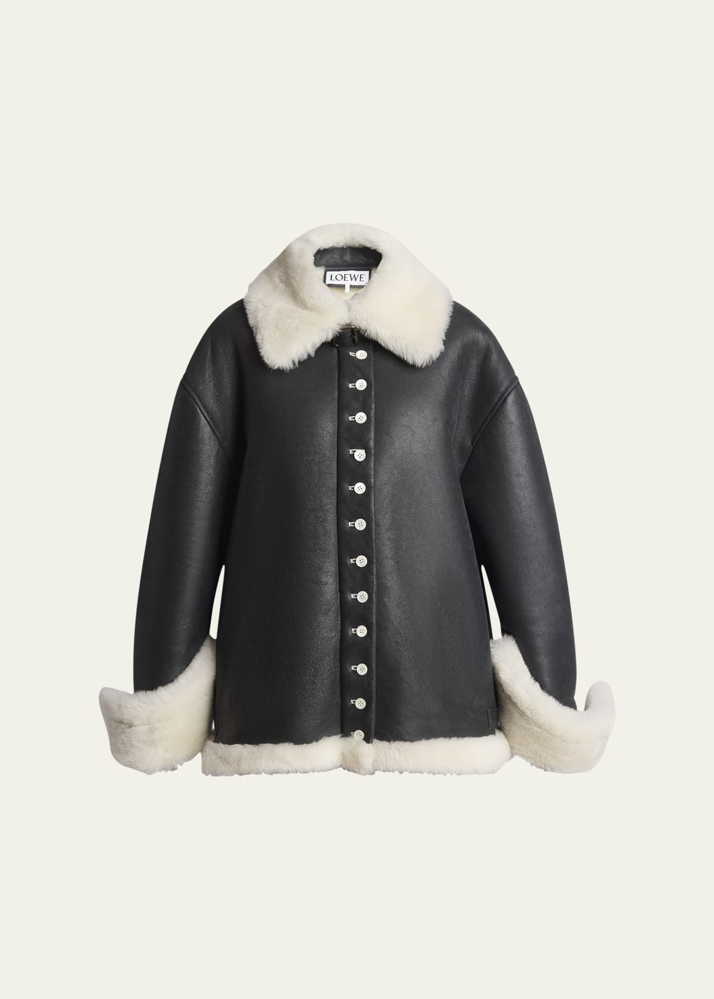 Leather Button-Front Jacket with Shearling Lining - 1