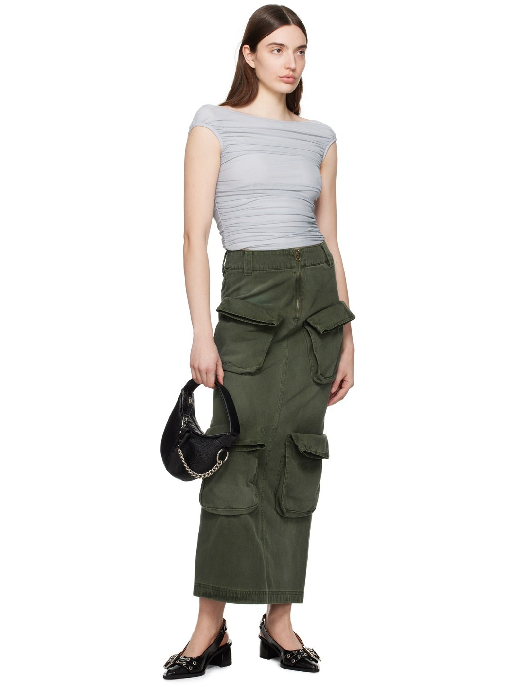 Green Cargo Denim Maxi Skirt - 4