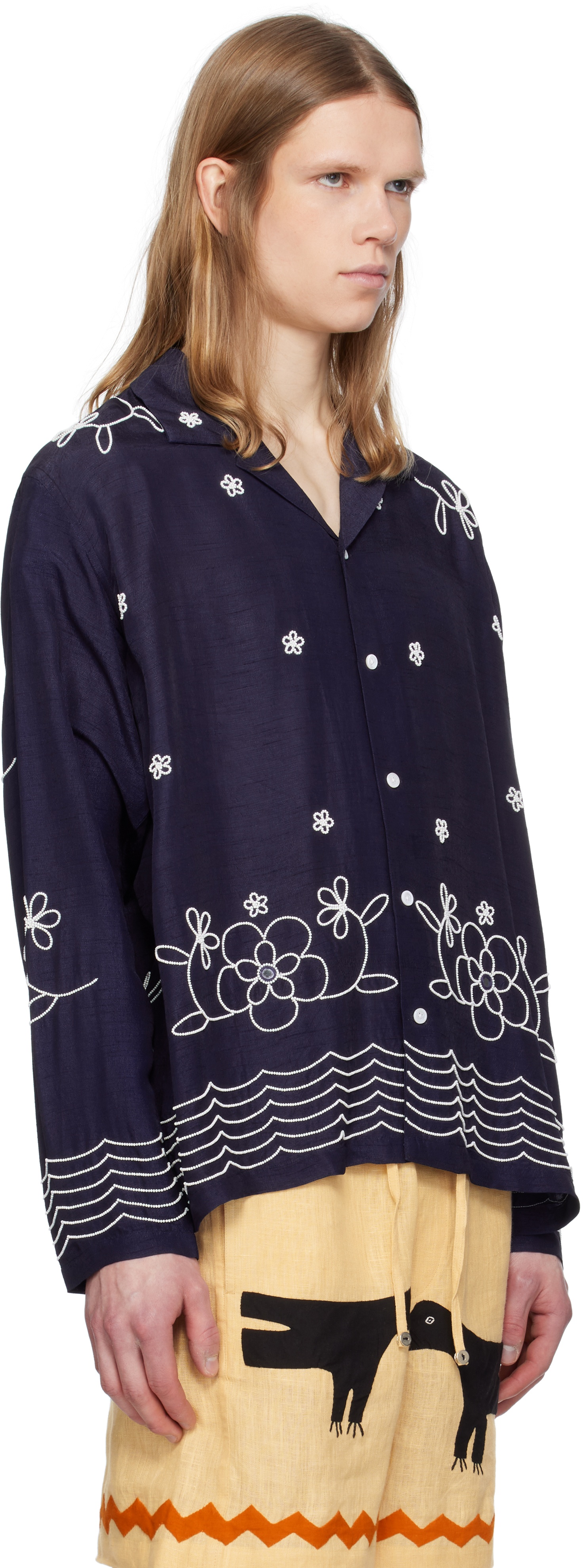Navy Bead Embroidered Shirt - 3