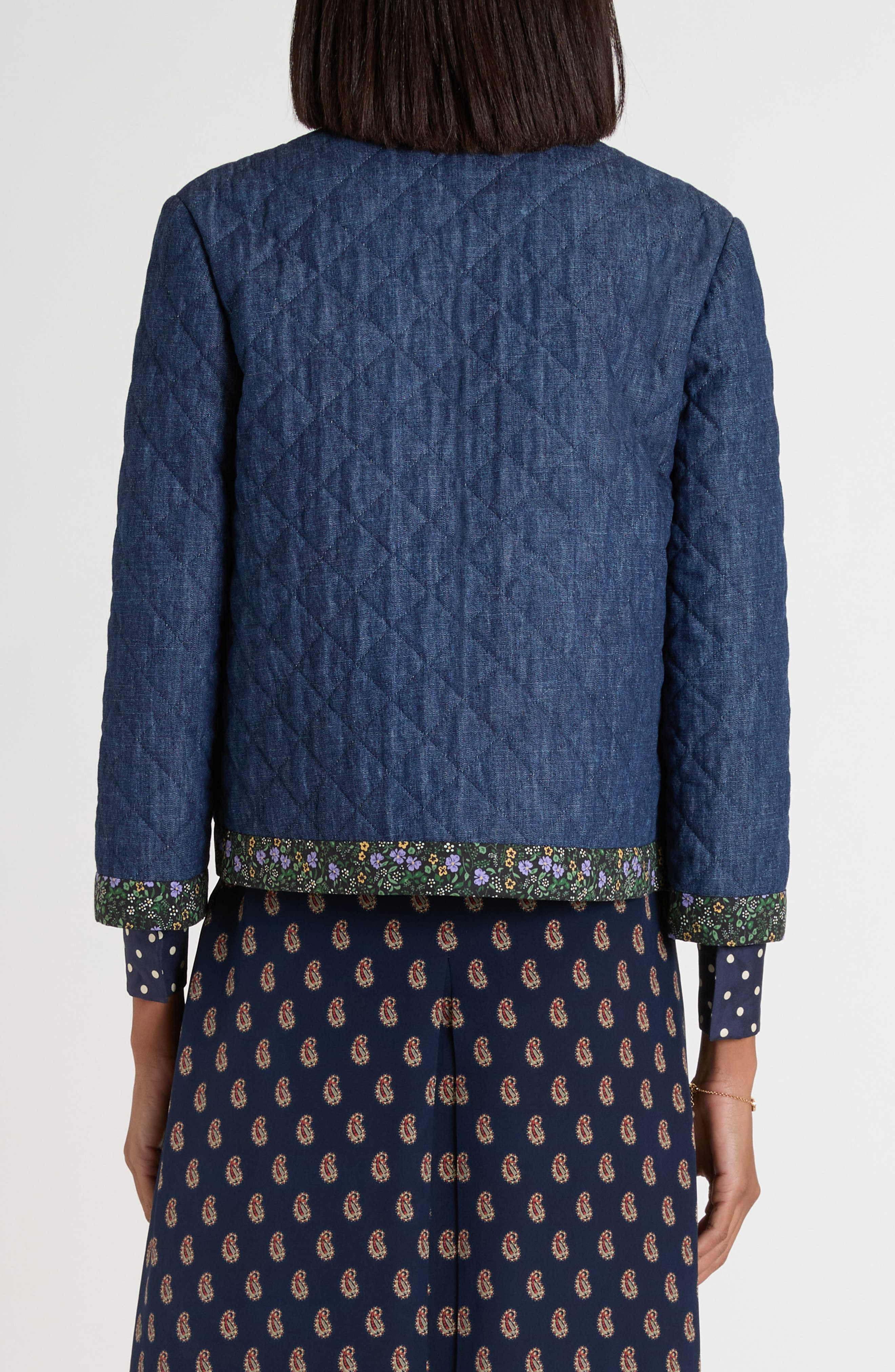 Valentino Garavani Floral Print & Quilted Denim Jacket in Navy at Nordstrom - 3