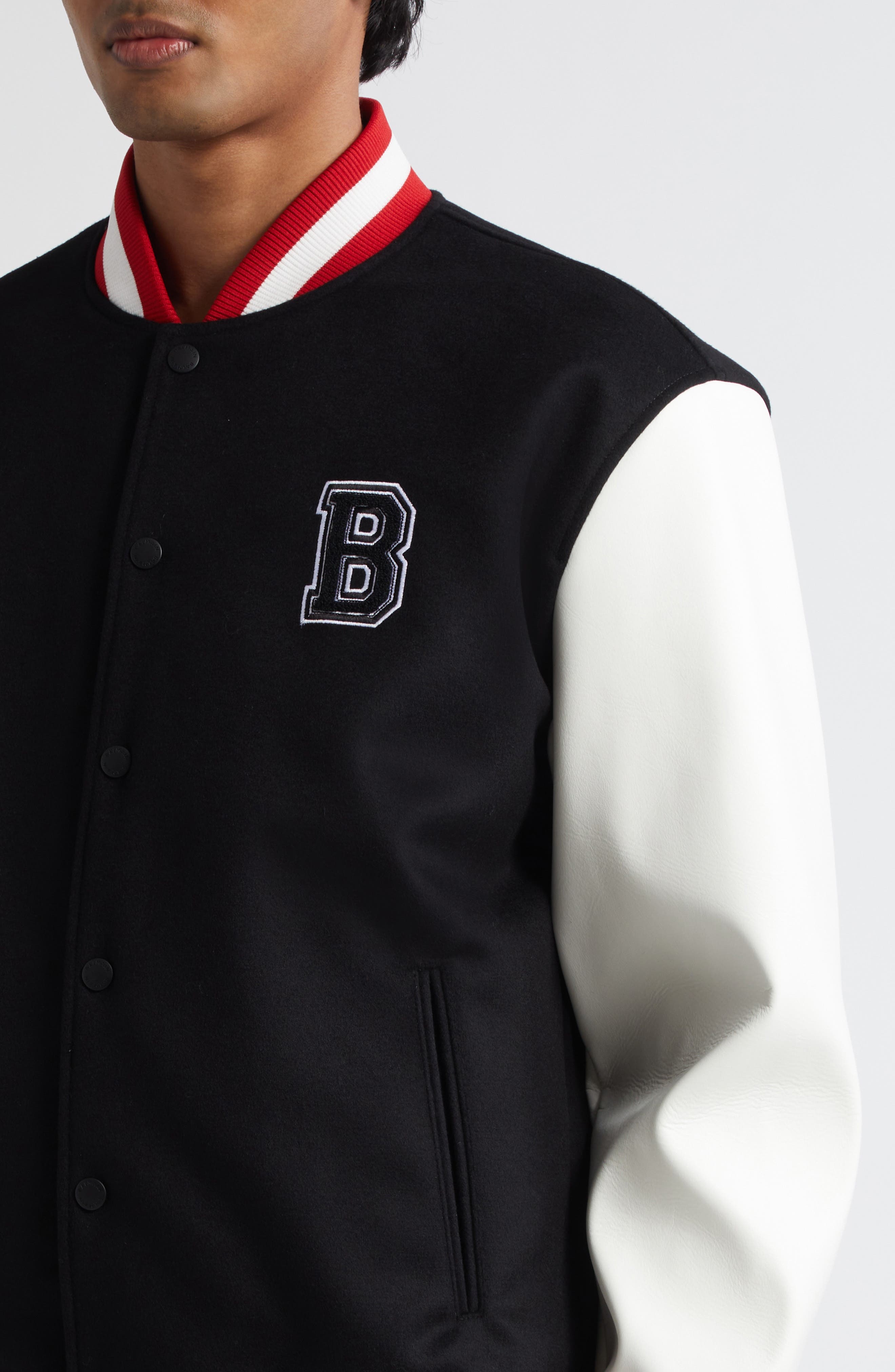Balmain Logo Embellished Virgin Wool & Faux Leather Varsity Jacket in Ebe Black/White/Red at Nordstr - 4
